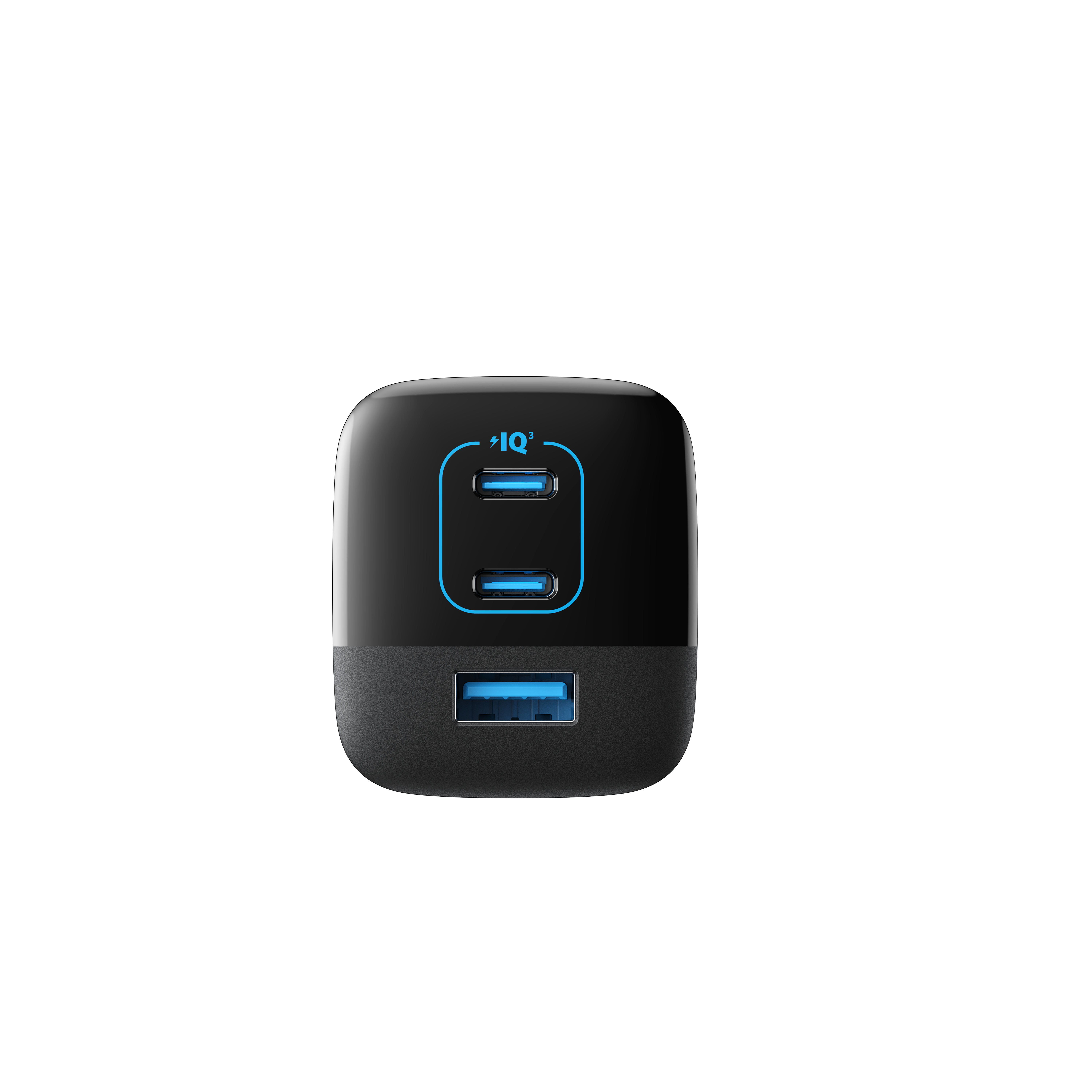 Schwarzes USB-Ladegerät mit zwei USB-C-Anschlüssen und einem USB-A-Anschluss.