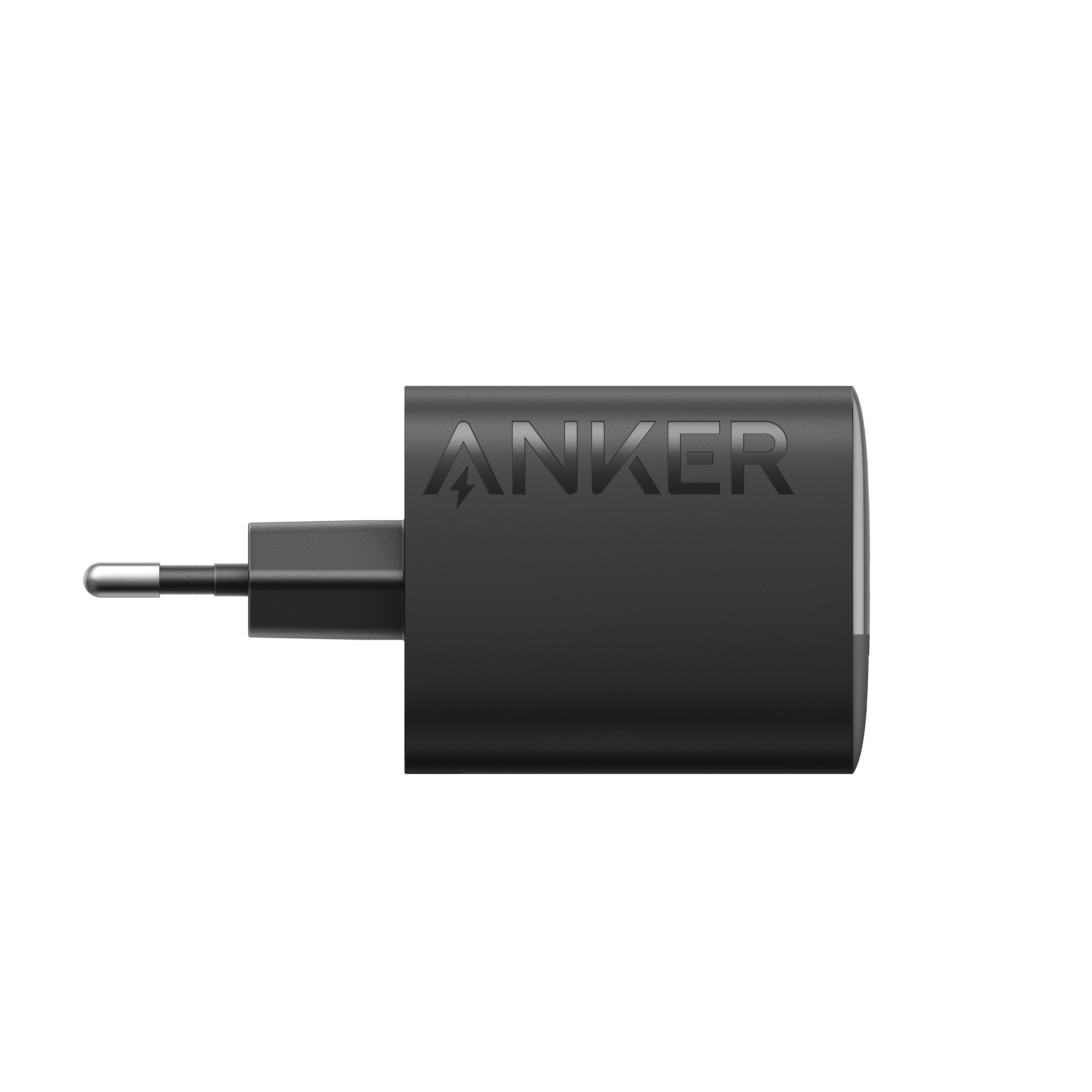 Schwarzes Anker-Ladegerät, Stecker nach links, mit Anker-Logo.
