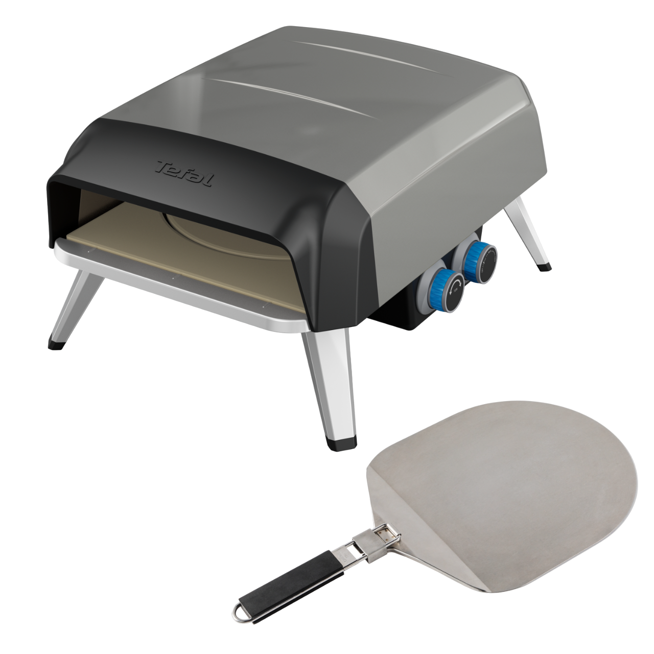 Grauer Tefal Pizzaofen mit Pizzaschieber. Der Ofen hat blaue Bedienelemente und einen schwarzen Griff.