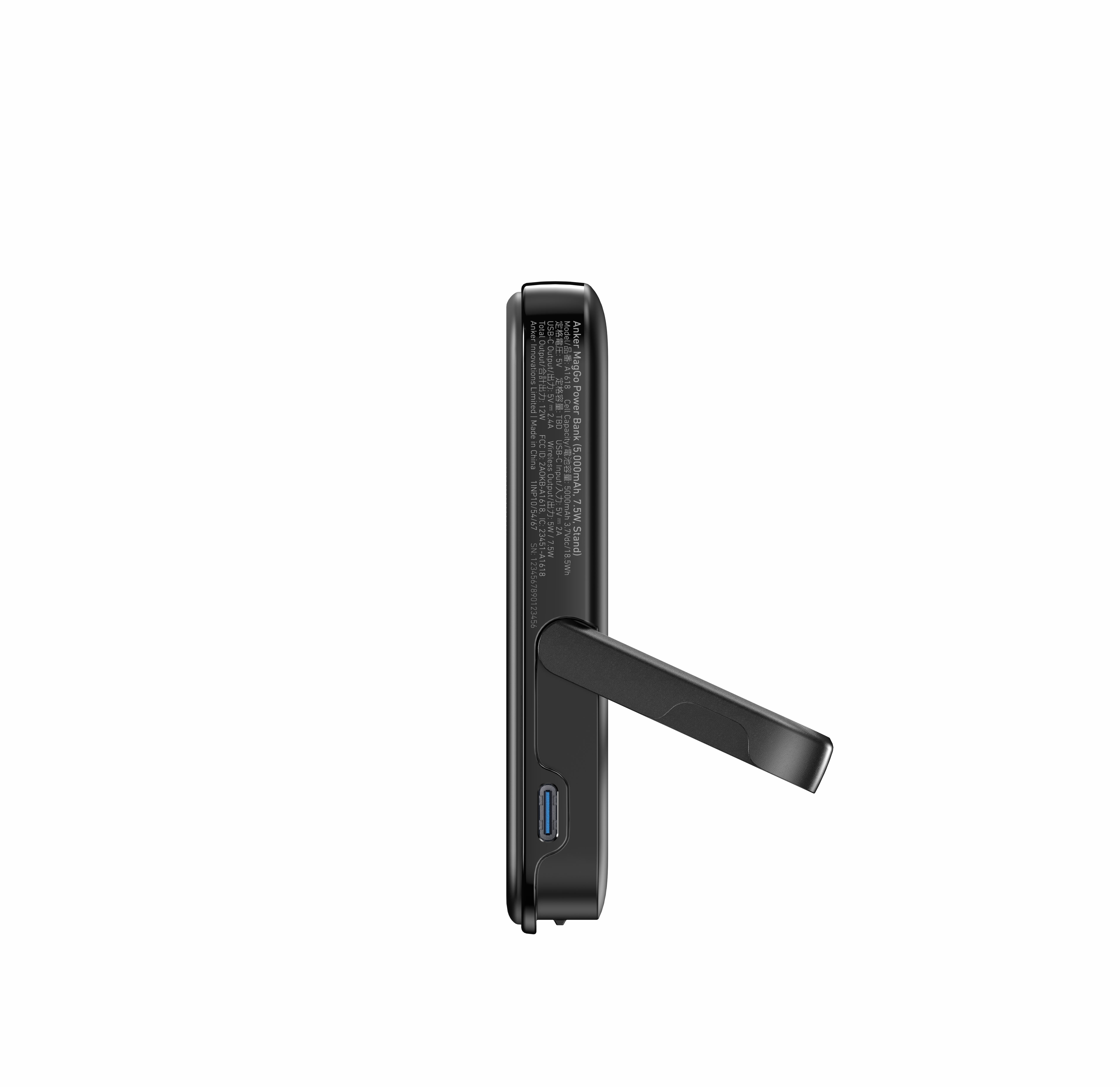 Schwarze Powerbank mit Ständer und Ladeanschluss.