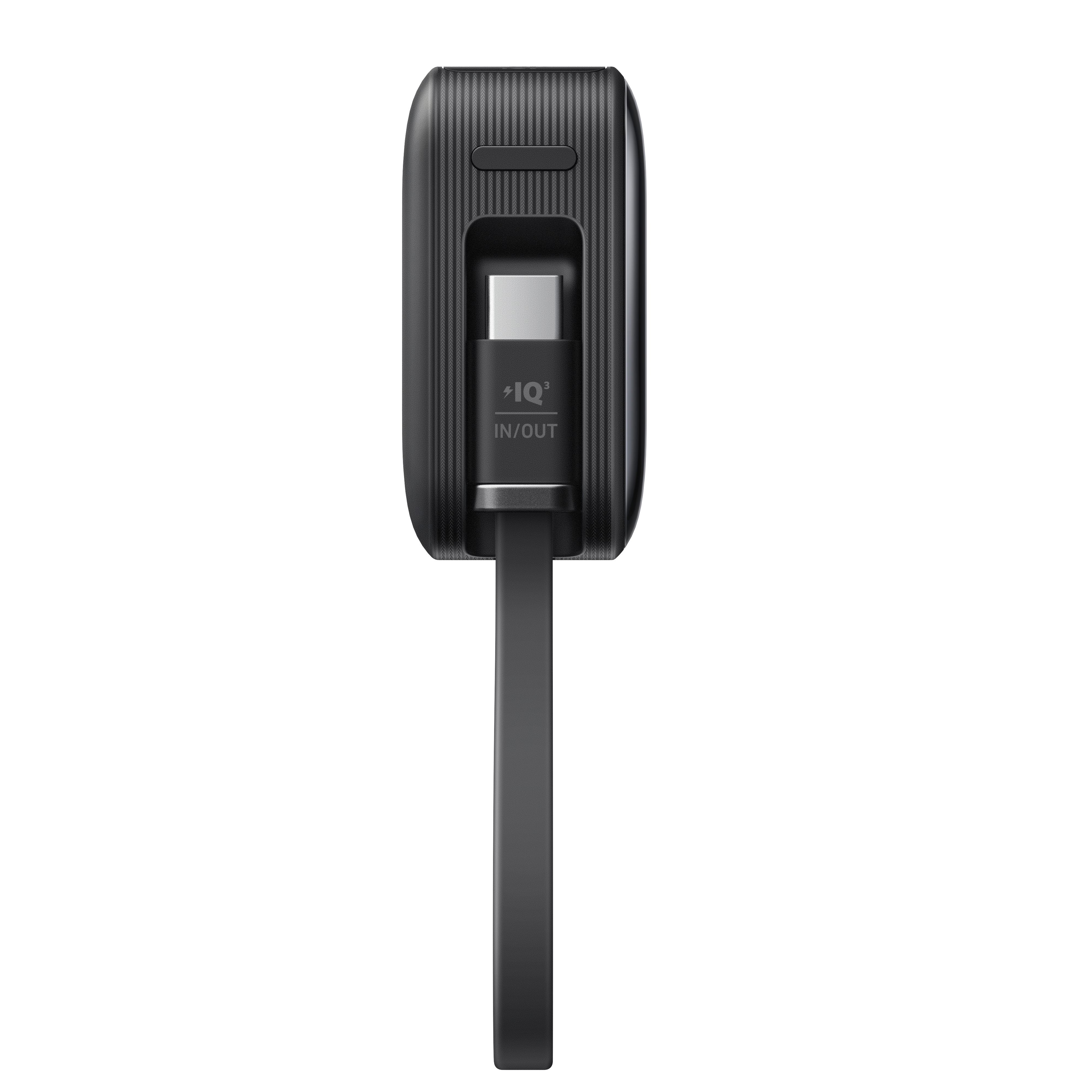 Ein schwarzes, rechteckiges Gerät mit USB-C-Anschluss und schwarzem Kabel. Es ist ein Ladegerät.