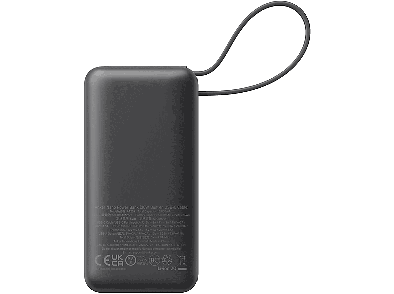 Anker Nano Powerbank, 10.000 mAh, 30W, Built-In USB-C Kabel, Schwarz — Foto 5 von 5