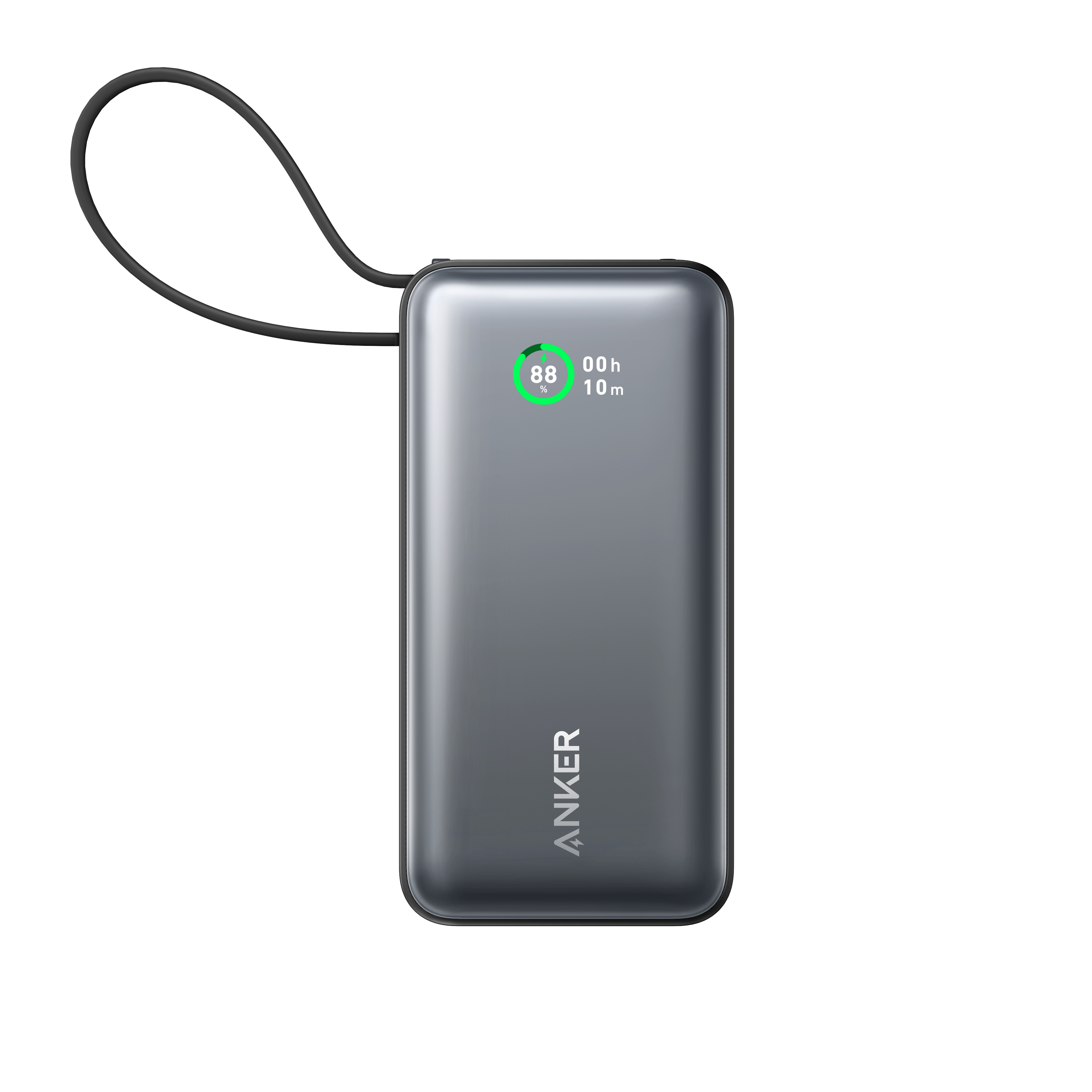Eine dunkelgraue Anker Powerbank mit einem Display, das den Batteriestand und die Zeit anzeigt.