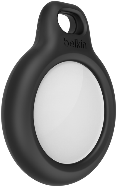 Fekete Belkin eszközkövető egy fehér körrel, tárgyak követésére tervezve.