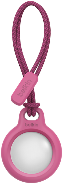 Rózsaszín Belkin AirTag tartó fehér AirTag-gel és rózsaszín pánttal.