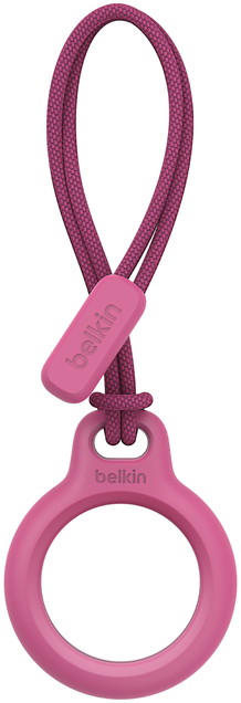 Egy rózsaszín Belkin AirTag tartó zsinórral. A tartó kerek, a zsinór rózsaszín.