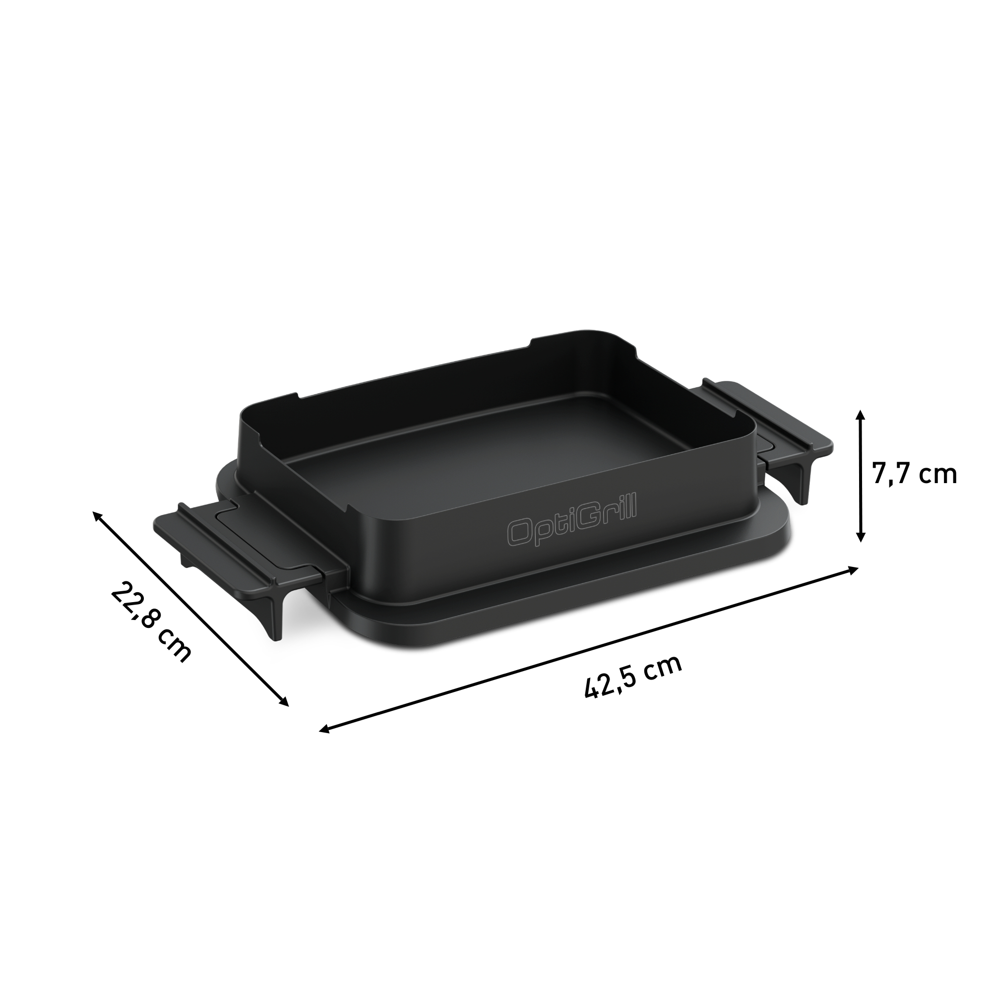 Eine schwarze OptiGrill-Kochfläche, mit Maßangaben. Sie ist rechteckig, mit Griffen und einem Sockel.