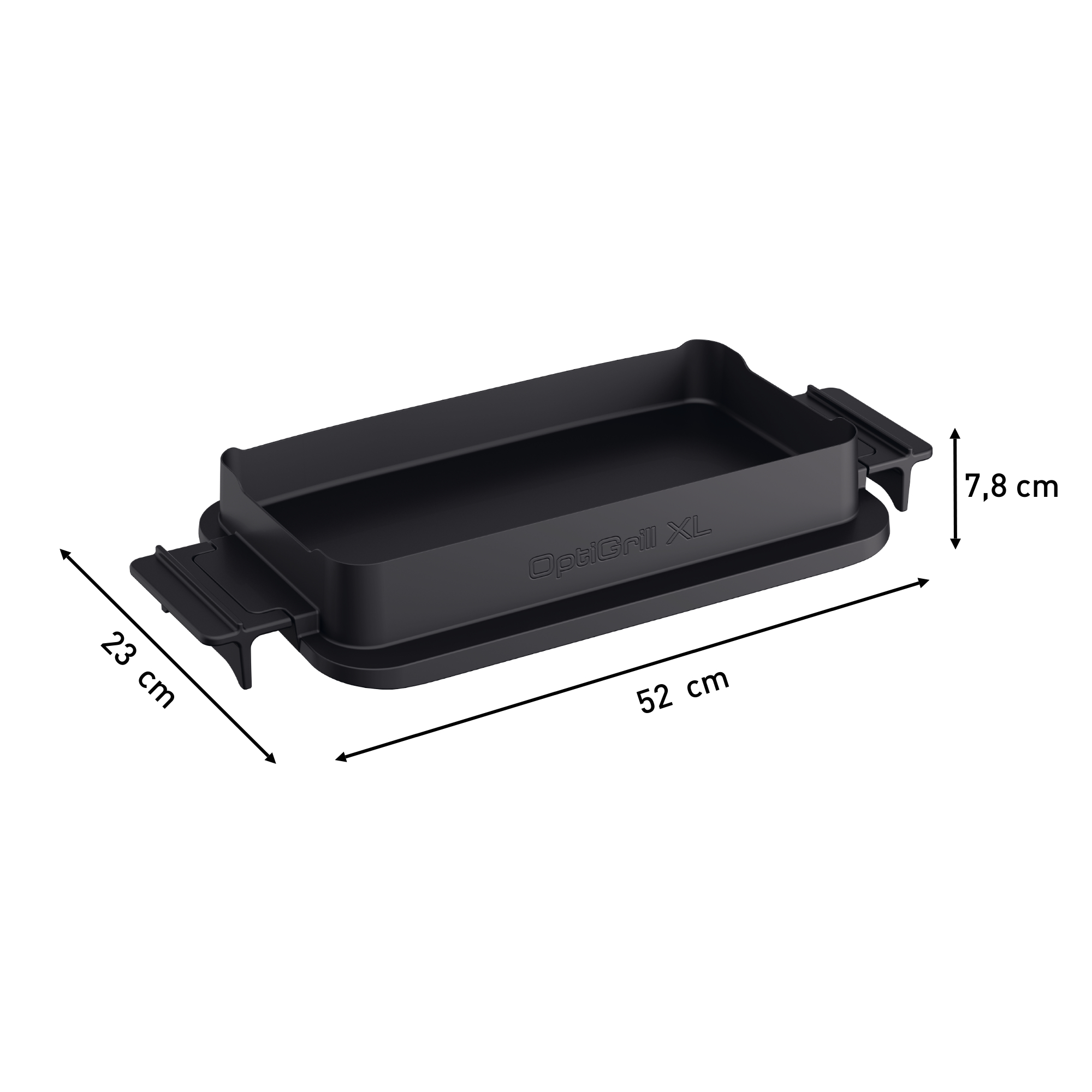 Schwarze OptiGrill XL Grillplatte mit Abmessungen: 52 cm, 23 cm, 7,8 cm.