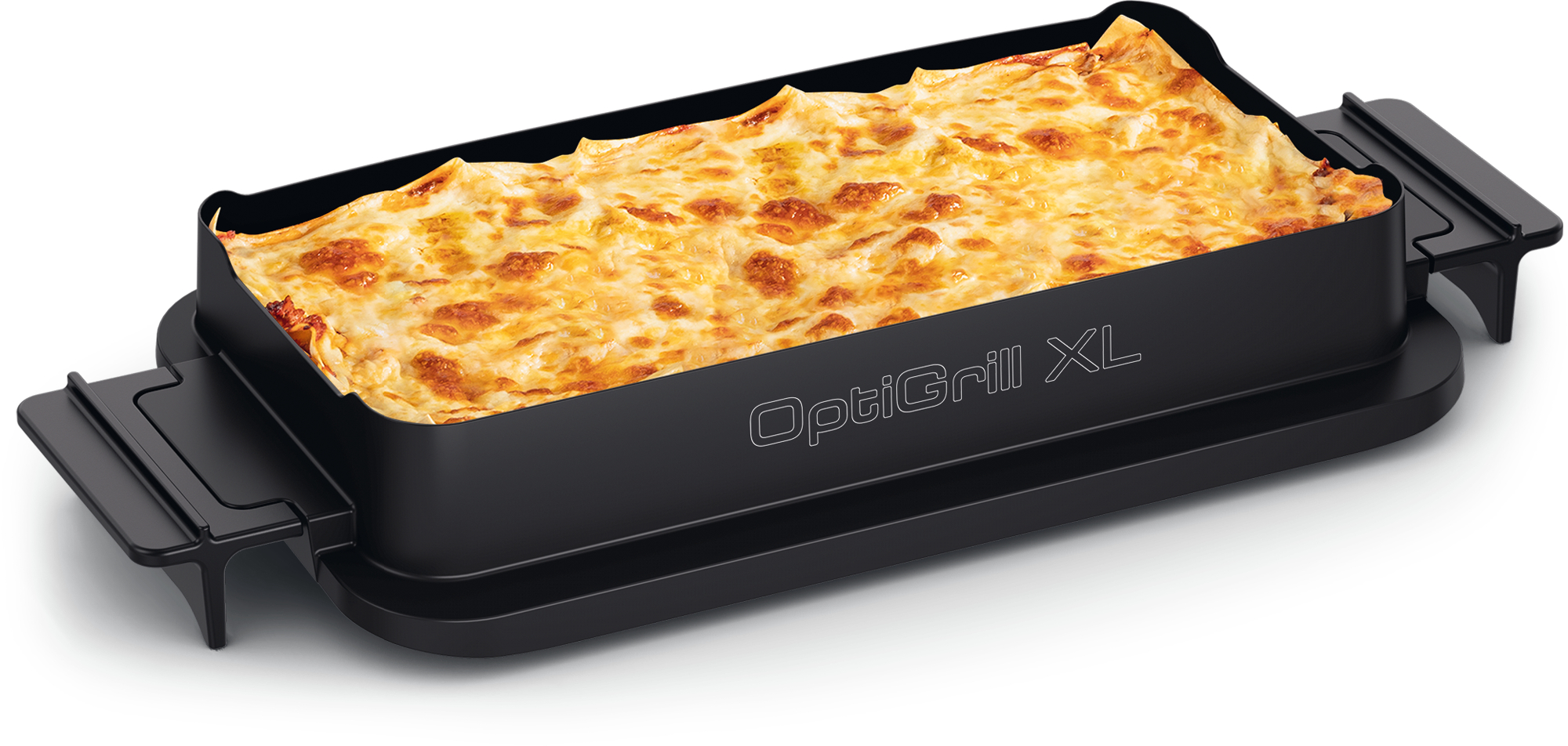 Schwarzer OptiGrill XL mit Lasagne im Inneren. Griffe an den Seiten.