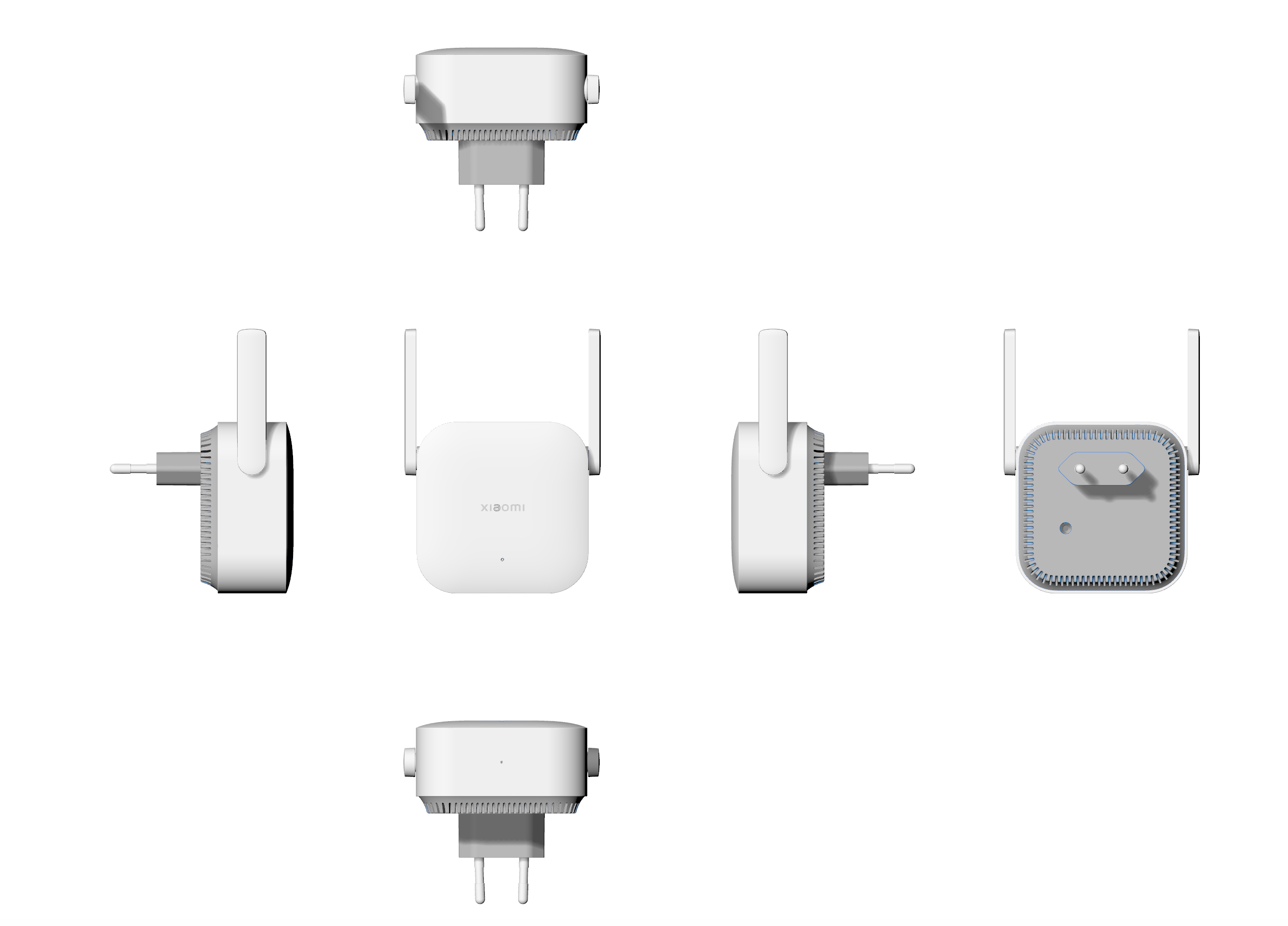 Több nézet egy fehér Xiaomi WiFi jelerősítőről antennákkal és dugókkal, fehér felületre rendezve.