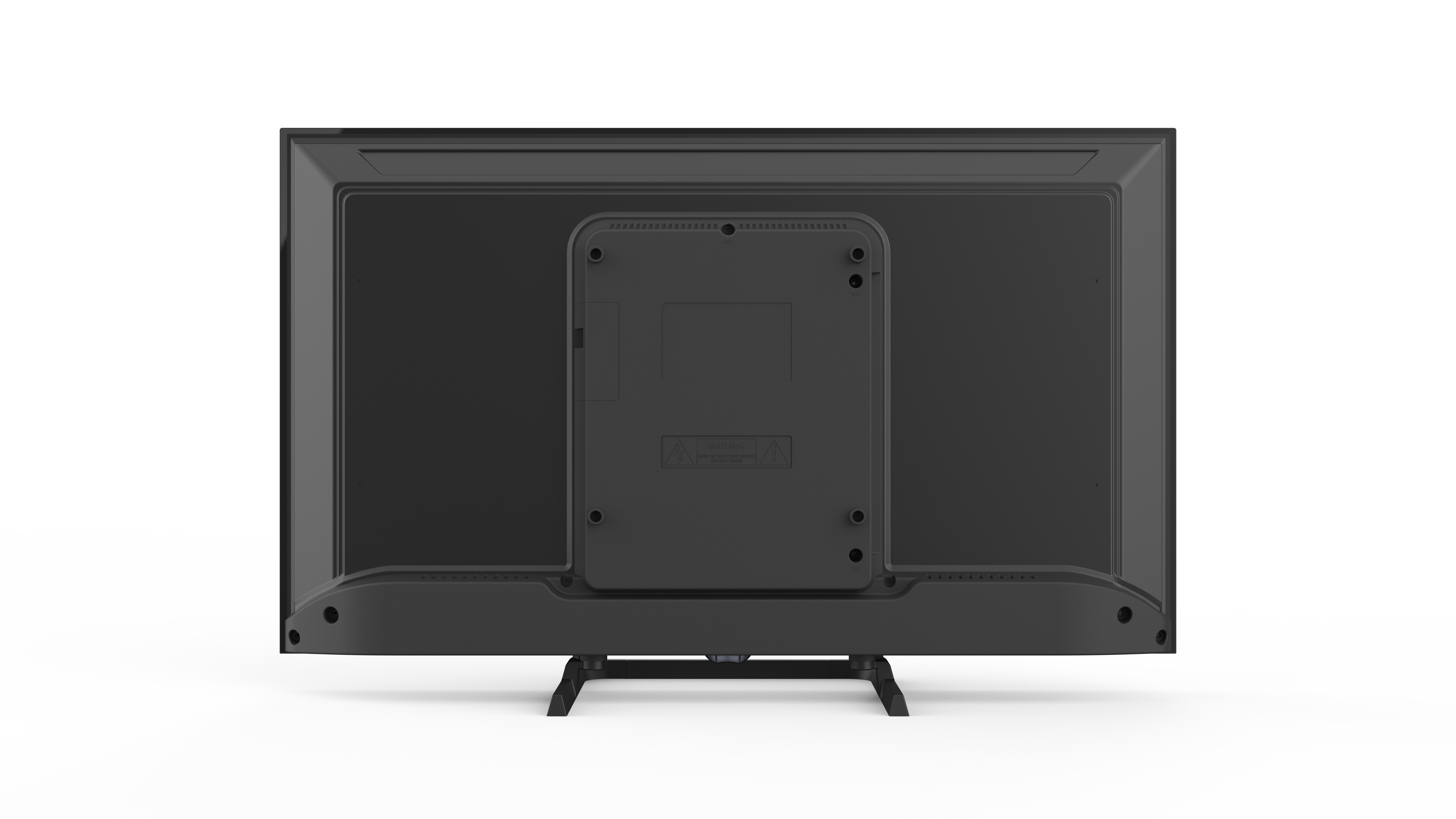 Rückseite eines schwarzen Fernsehers mit zentraler Halterung und Ständer.