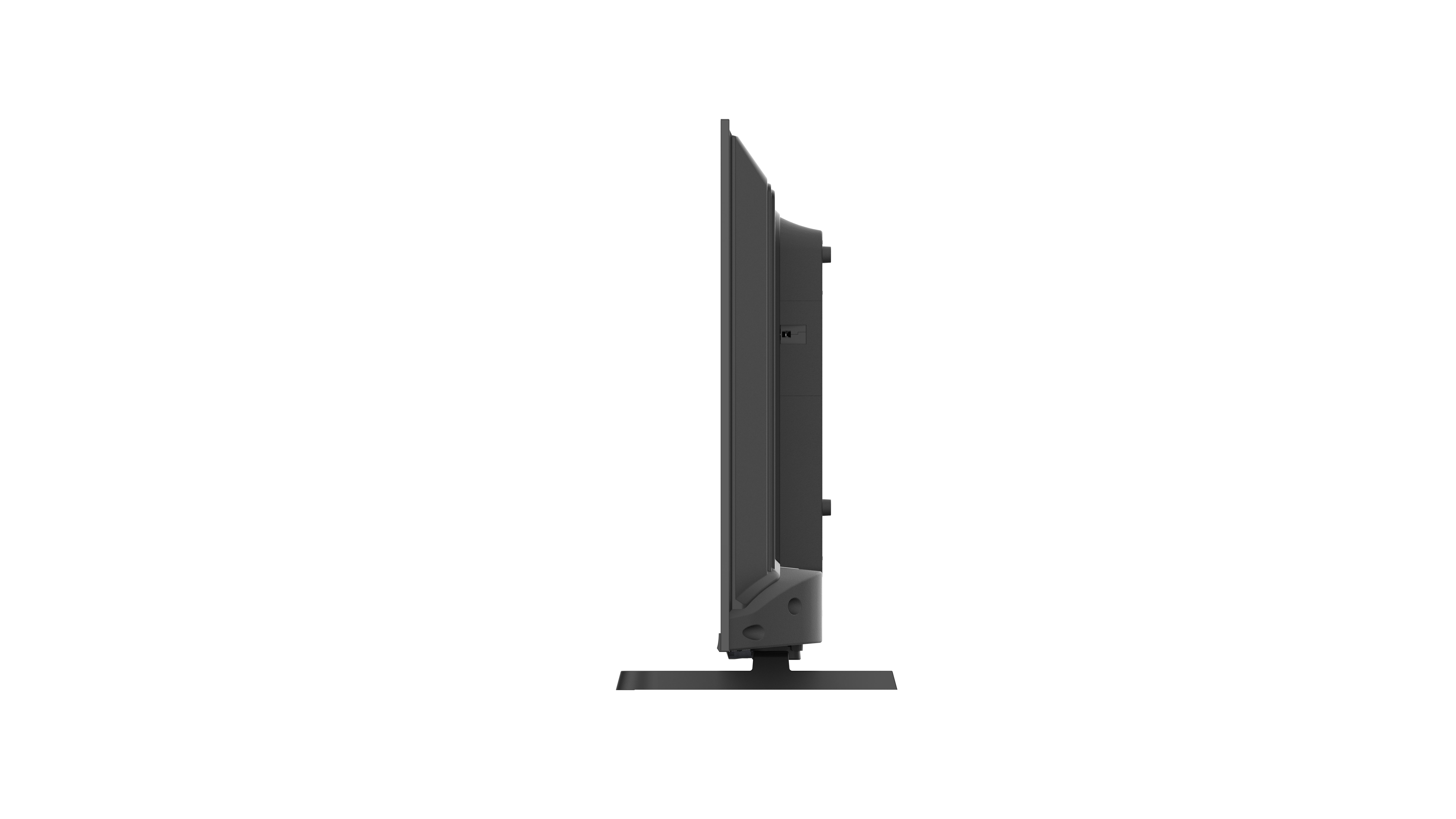 Ein schwarzer Fernseher von der Seite gesehen, mit einem Ständer unten, auf weißem Hintergrund.