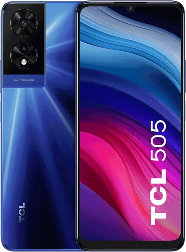 Niebieski telefon TCL 505. Dwa tylne aparaty, niebieski tył. Przedni ekran włączony, pokazuje fale.