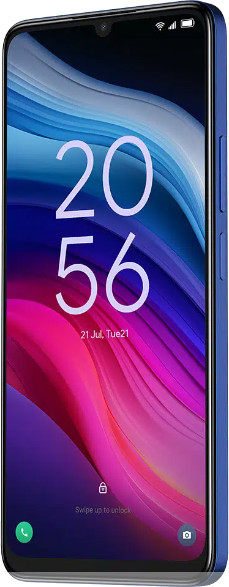 Niebieski smartfon z ekranem pokazującym godzinę, datę i ikonę kłódki. Niebieska ramka.
