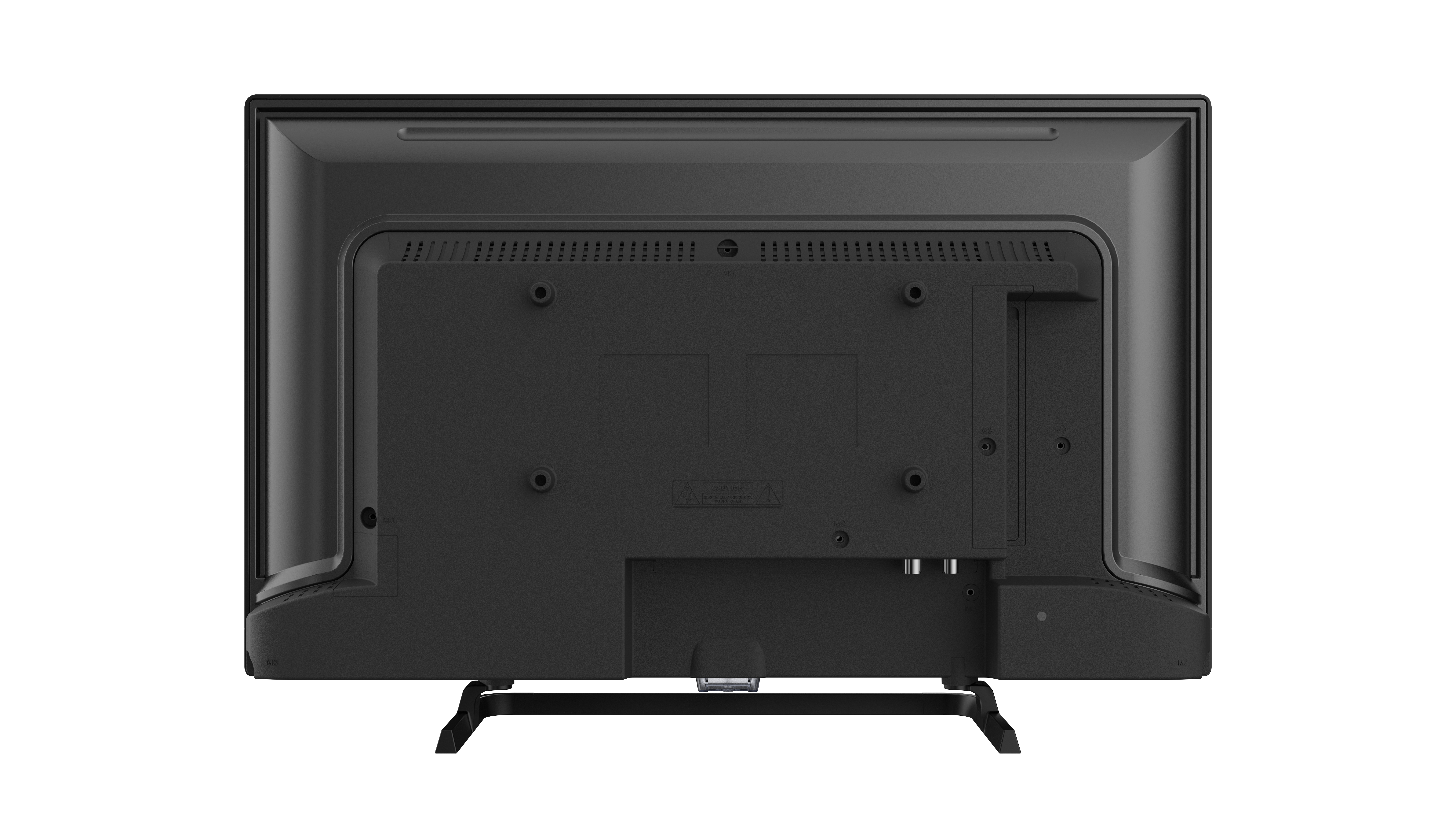 Die Rückseite eines schwarzen Fernsehers. Verschiedene Anschlüsse und Stecker sind sichtbar. Der Fernseher steht auf einem Ständer.