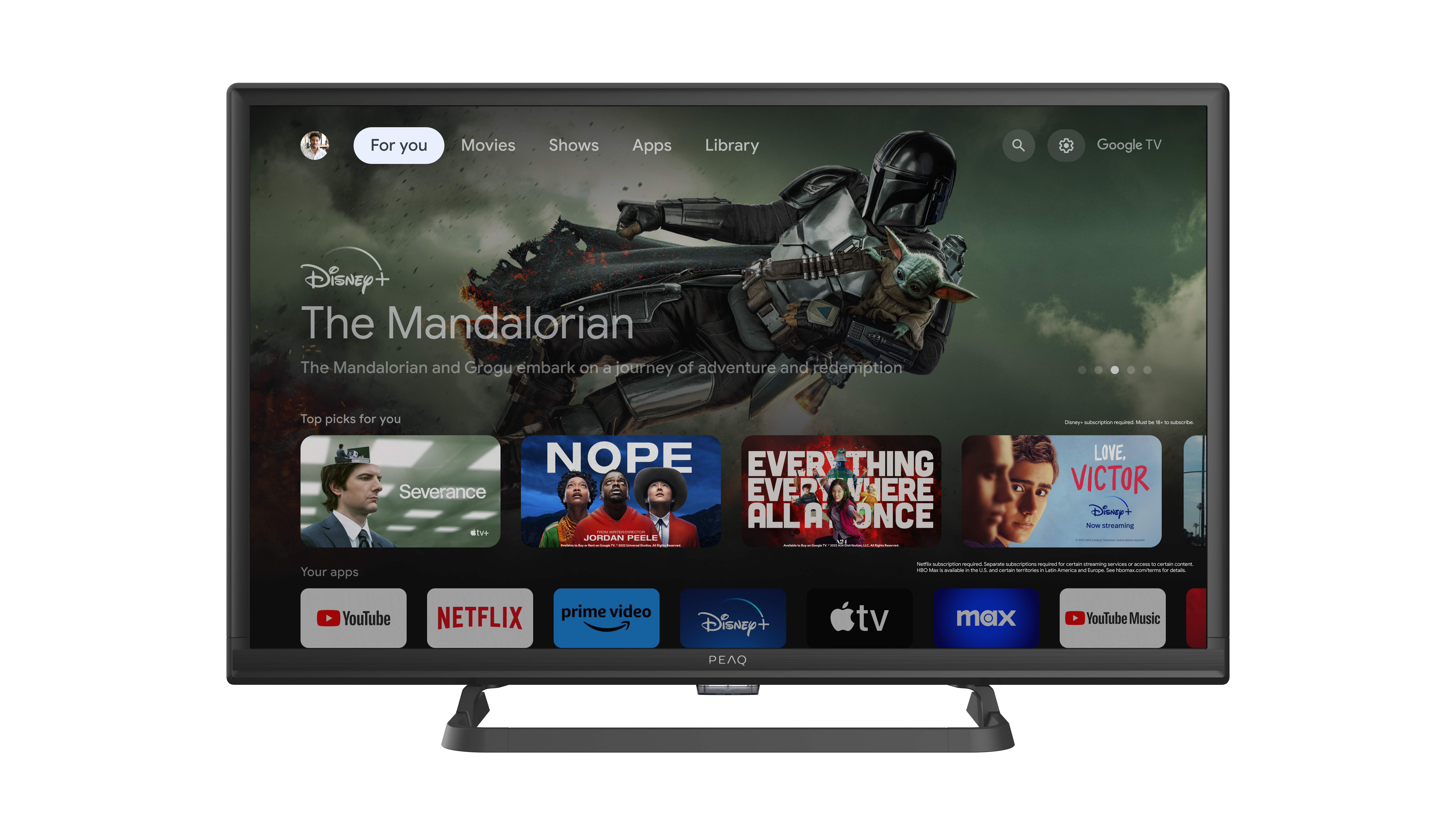 Fernsehbildschirm, der Disney+ mit Filmauswahl zeigt.