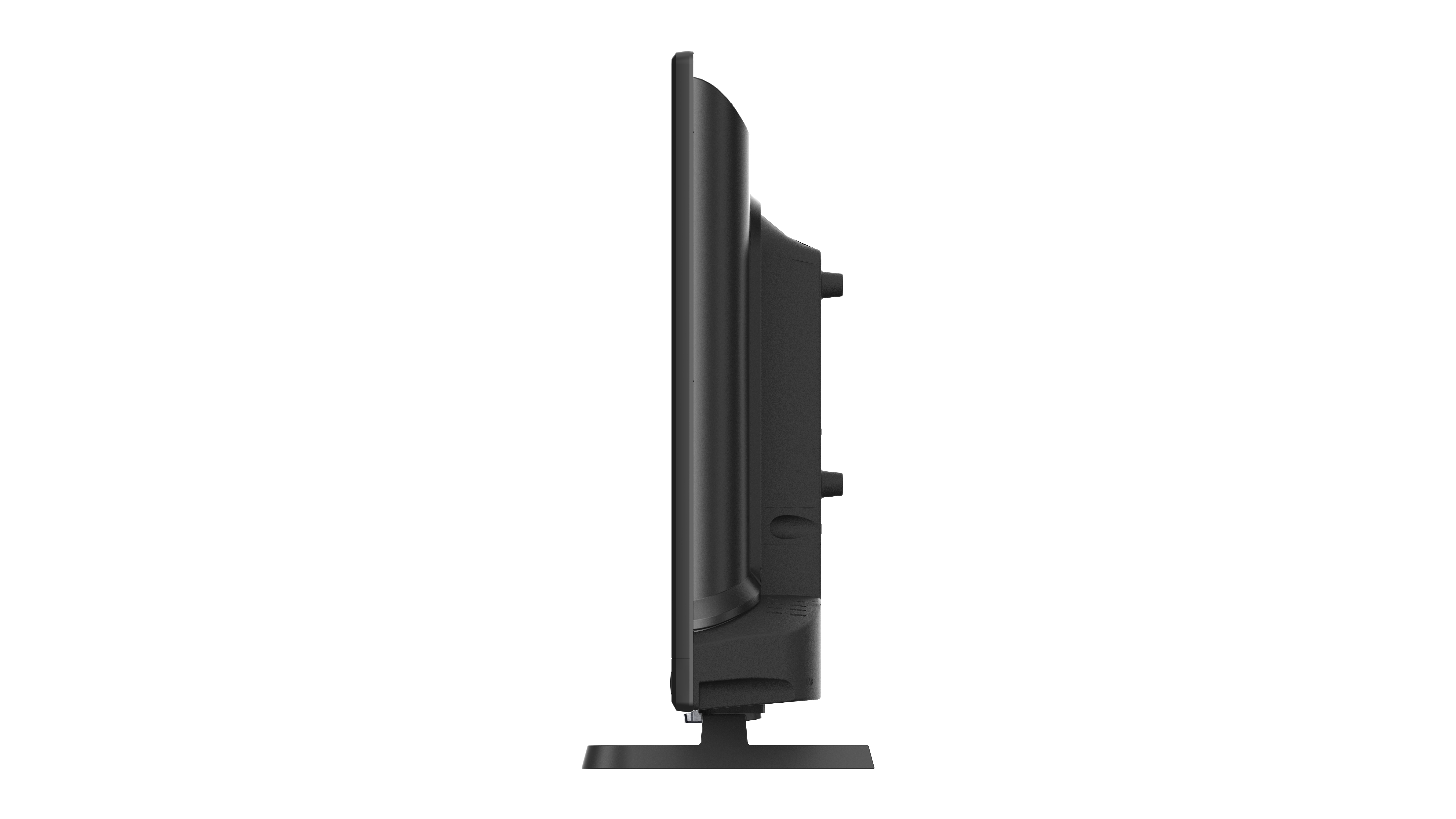 Ein schwarzer Fernseher ist von der Seite zu sehen und zeigt ein Seitenprofil auf weißem Hintergrund.