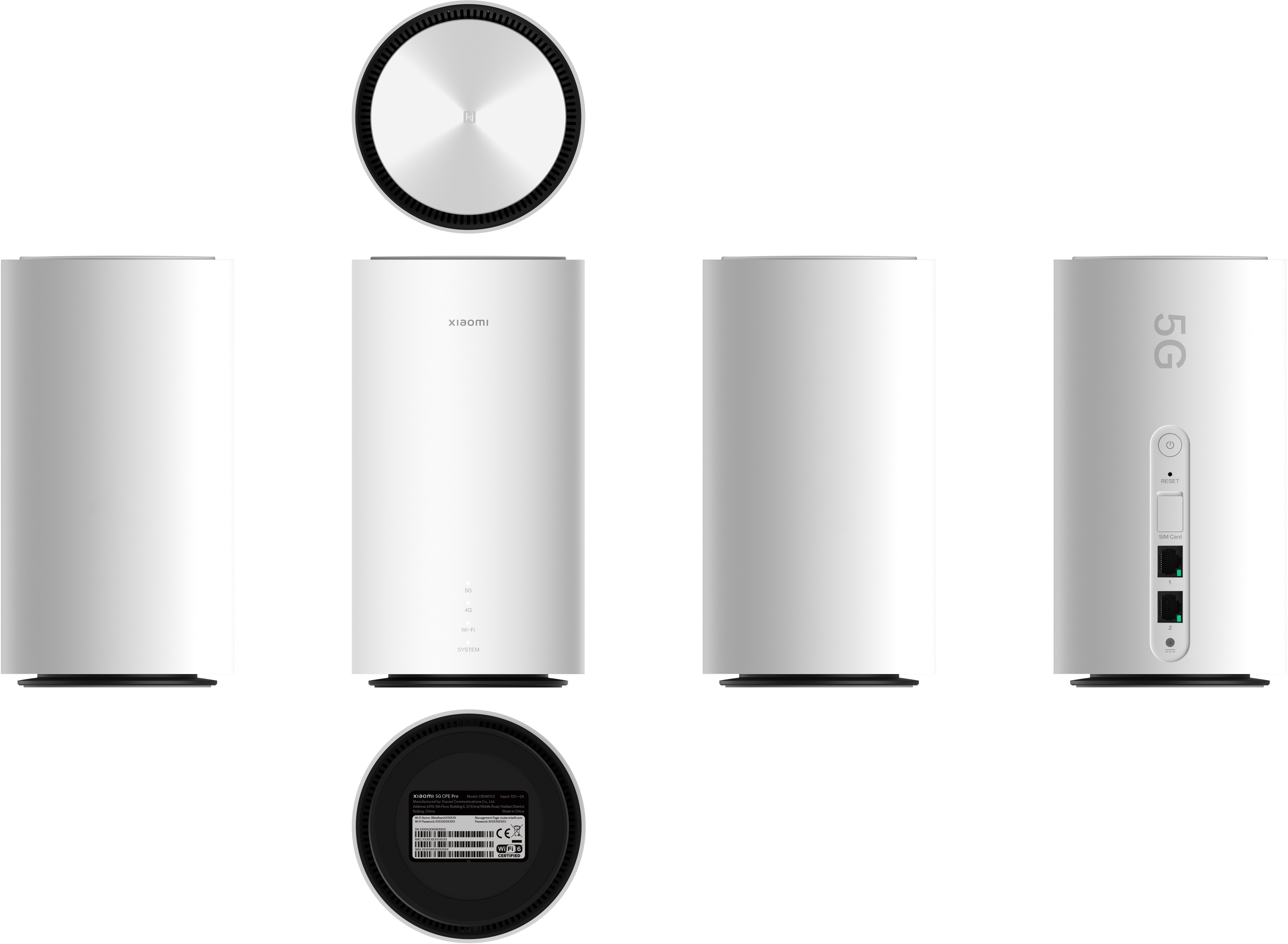 Több nézet egy fehér Xiaomi routerről. Hengeres kialakítású, 5G és Xiaomi márkajelzéssel.