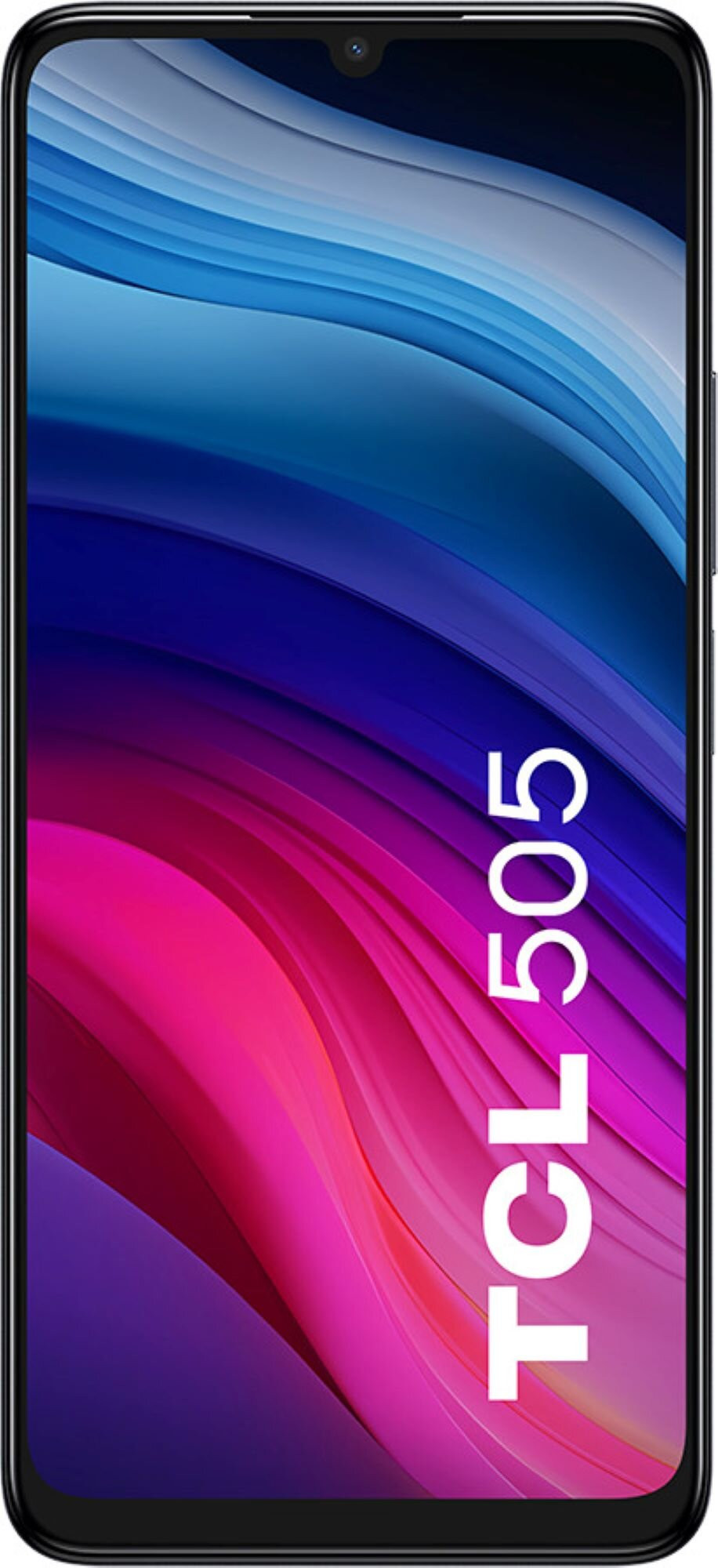 Czarny telefon TCL 505 z kolorowym falistym tłem i tekstem TCL 505.