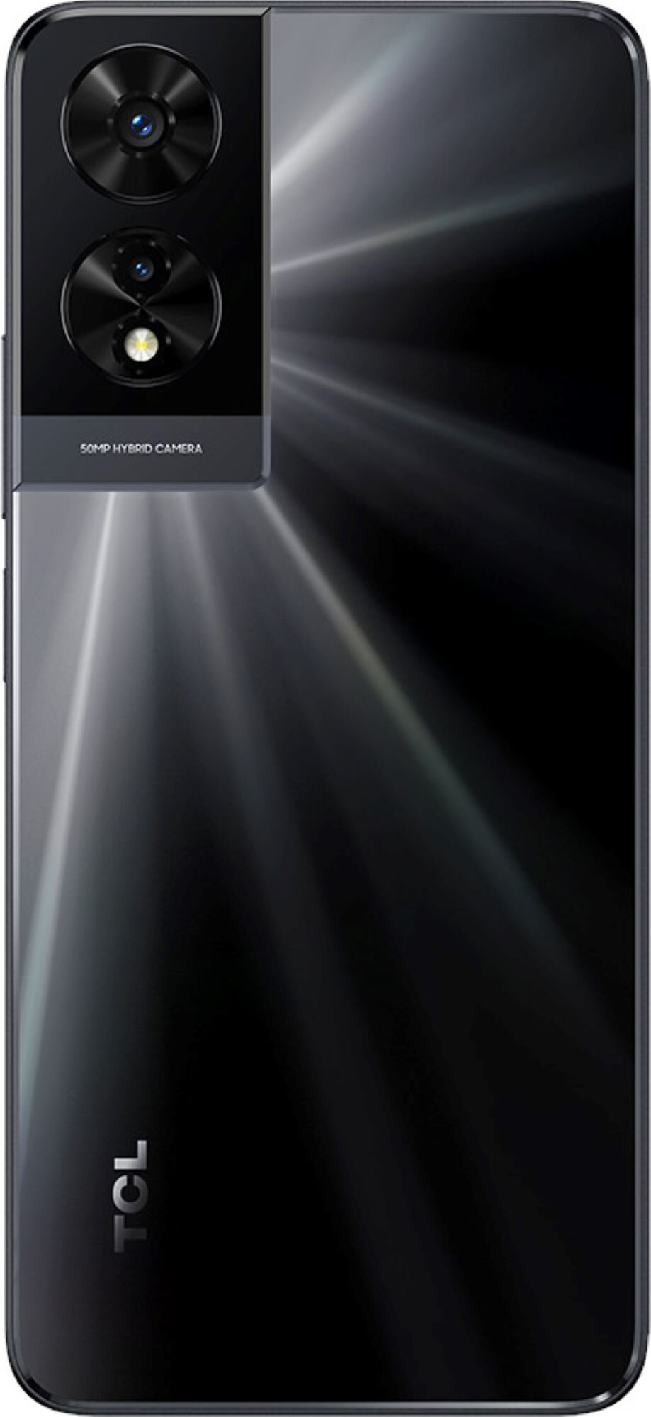 Widok z tyłu czarnego telefonu TCL. Widoczne są podwójne aparaty. Obecne jest logo TCL.