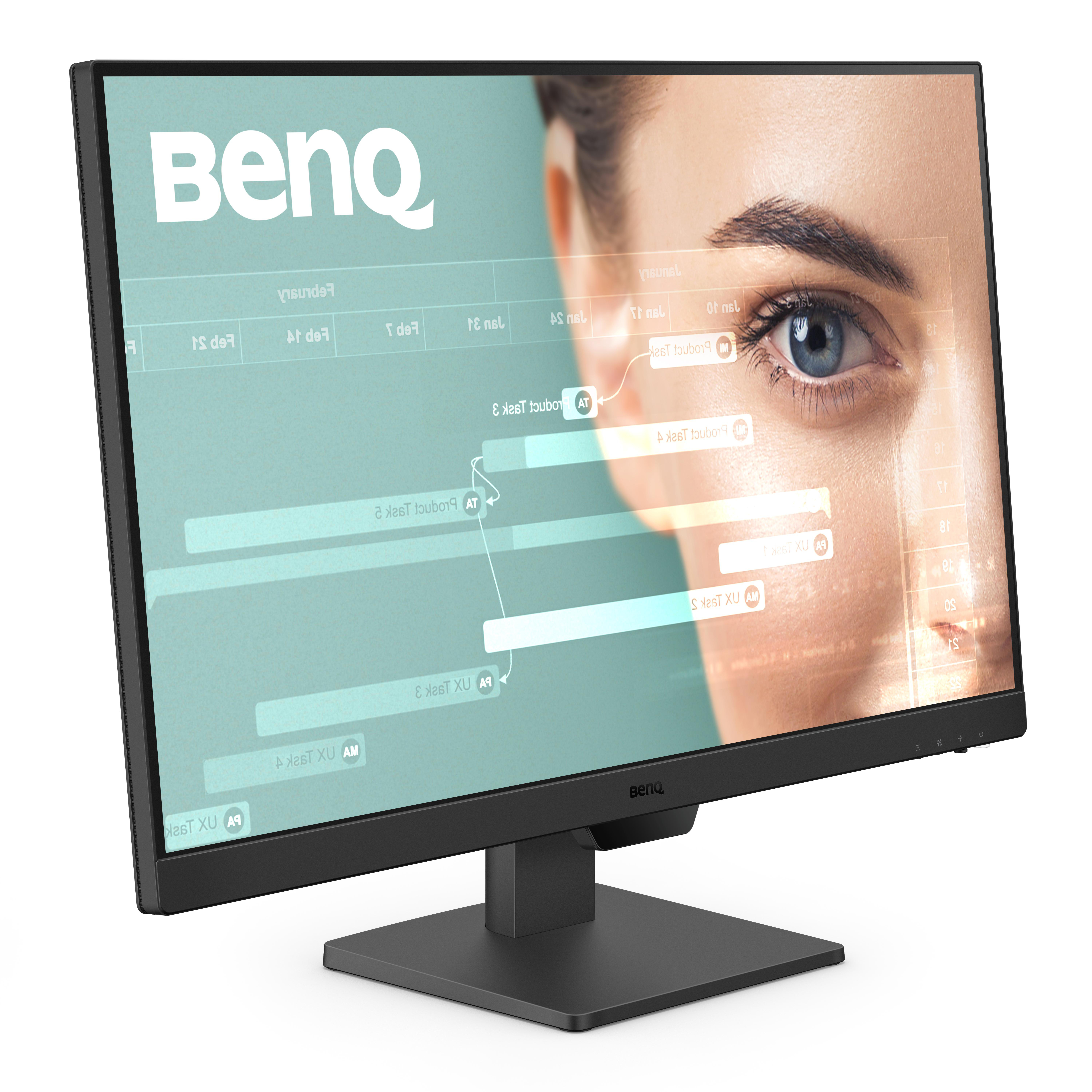 Ein BenQ-Monitor, der ein Frauenauge und Daten auf dem Bildschirm anzeigt. Er hat einen schwarzen Ständer.