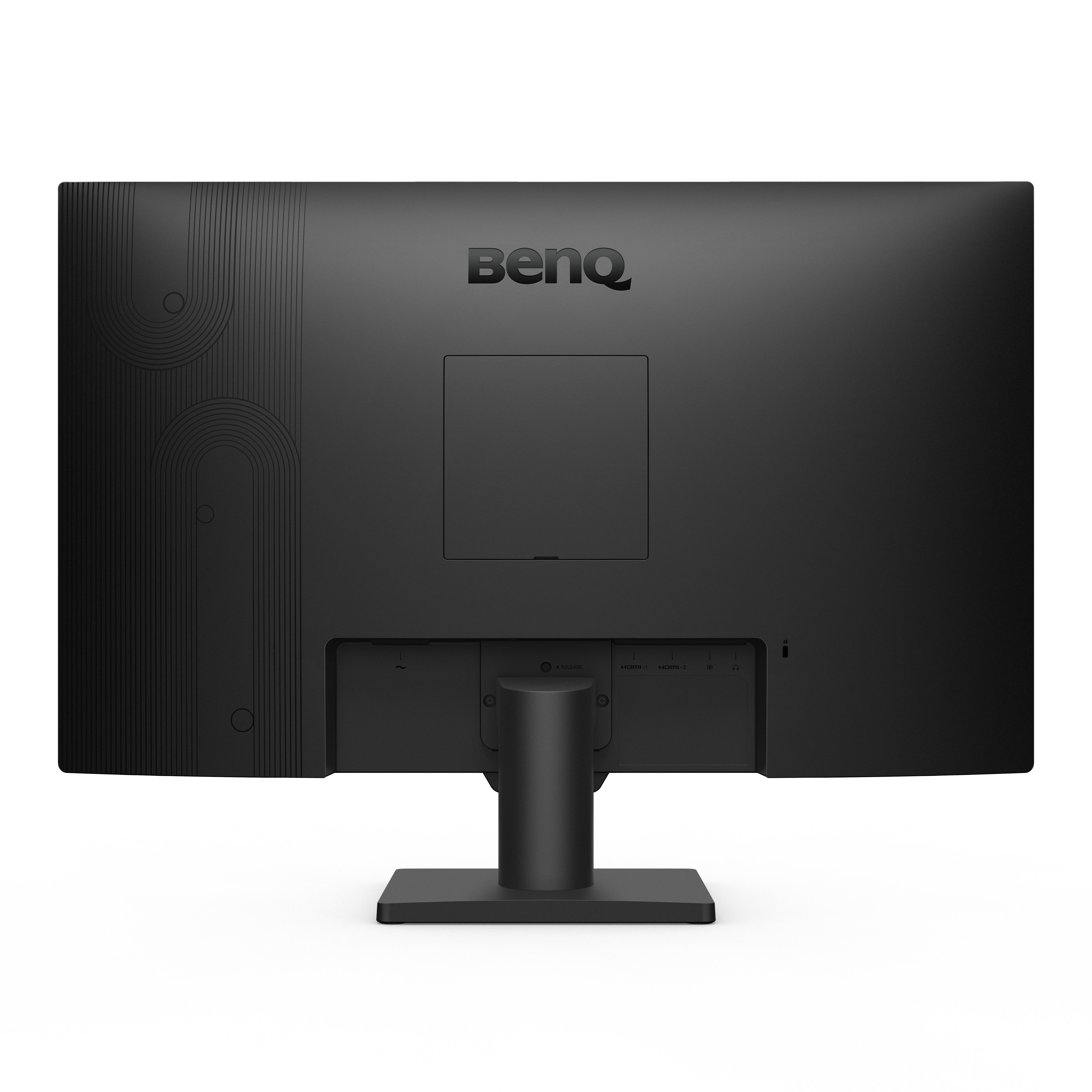 Rückansicht des schwarzen BenQ-Monitors. Der Monitor hat einen Ständer und Anschlüsse.