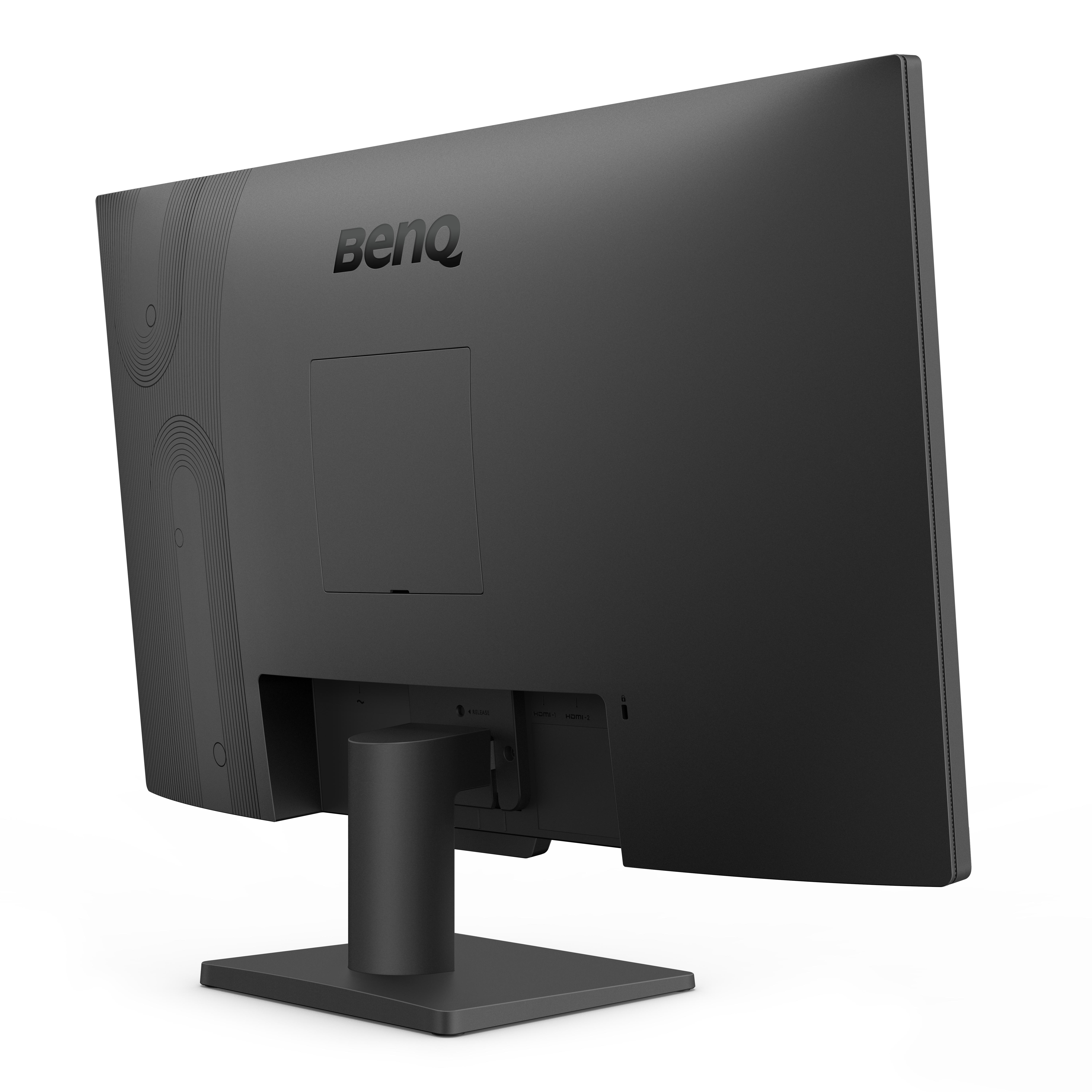 Rückansicht eines schwarzen BenQ-Monitors mit Anschlüssen und Ständer.