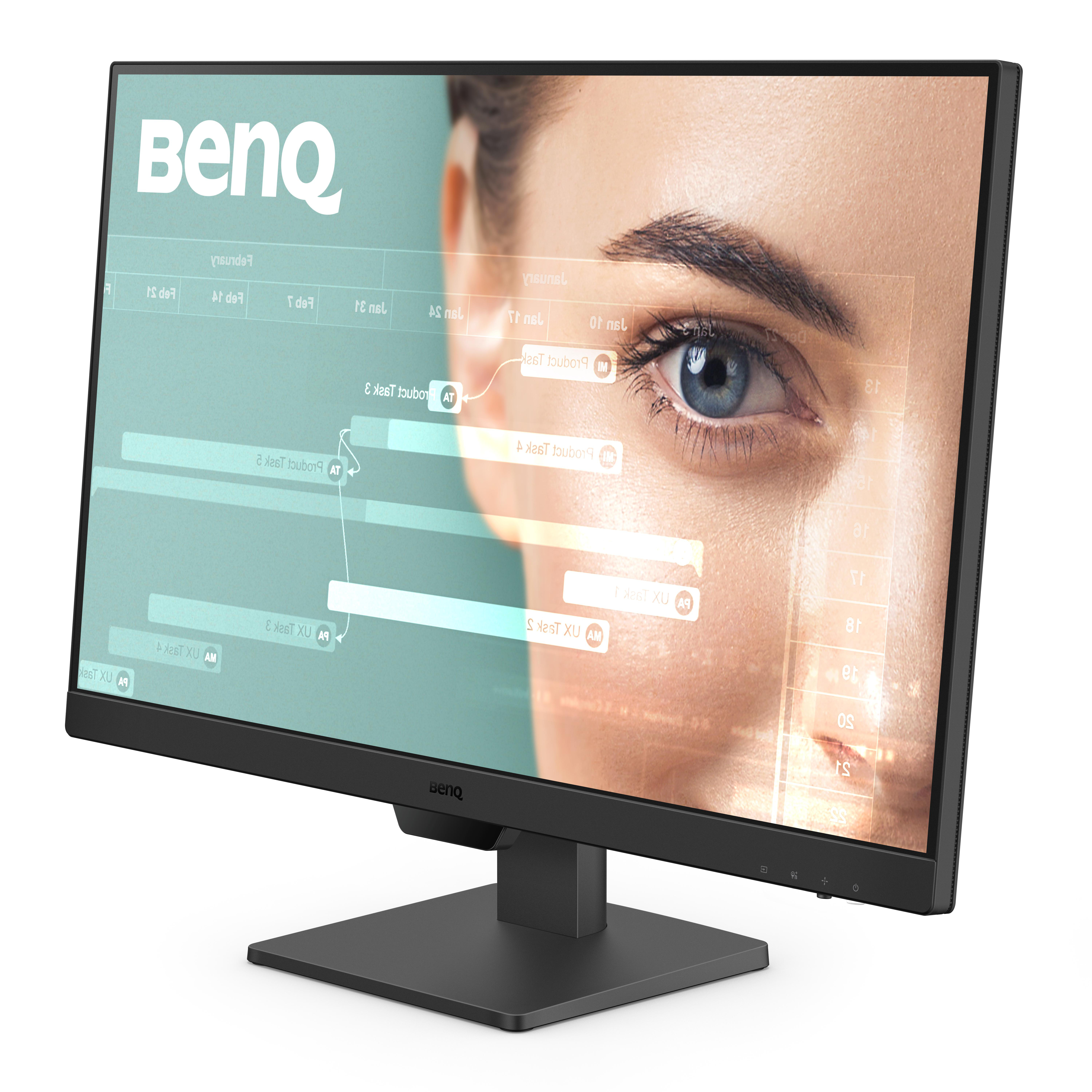 Monitor mit Augenbild, Datenanzeige und BenQ-Logo.