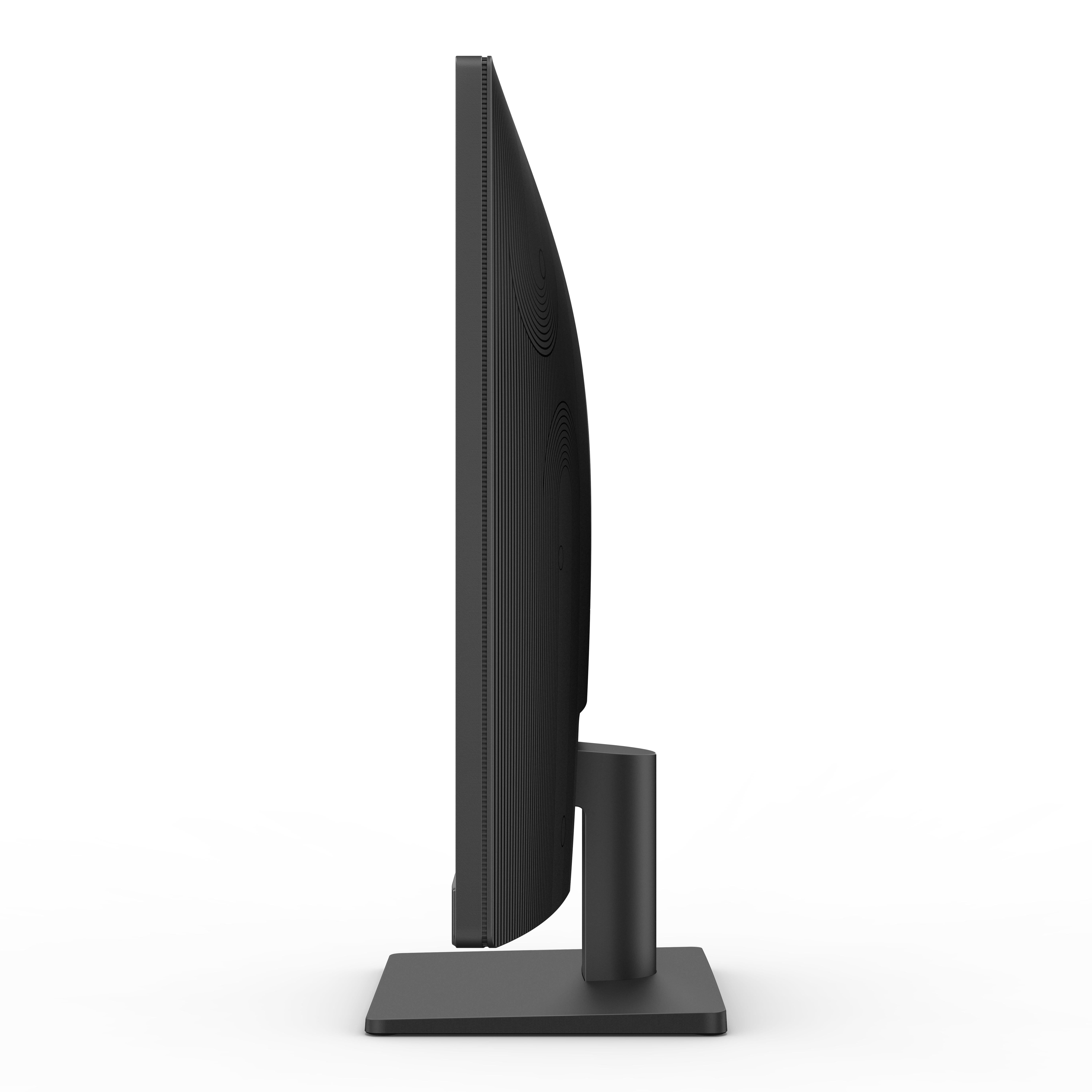 Seitenansicht eines schwarzen Computermonitors mit Ständer, vor weißem Hintergrund.