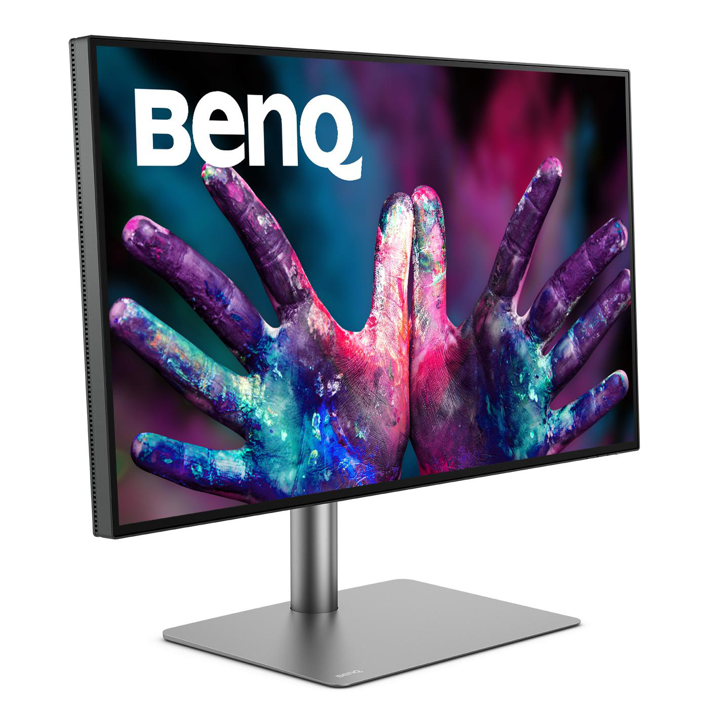 Ein Computermonitor mit dem BenQ-Logo. Zwei Hände mit farbenfroher Farbe sind auf dem Bildschirm.