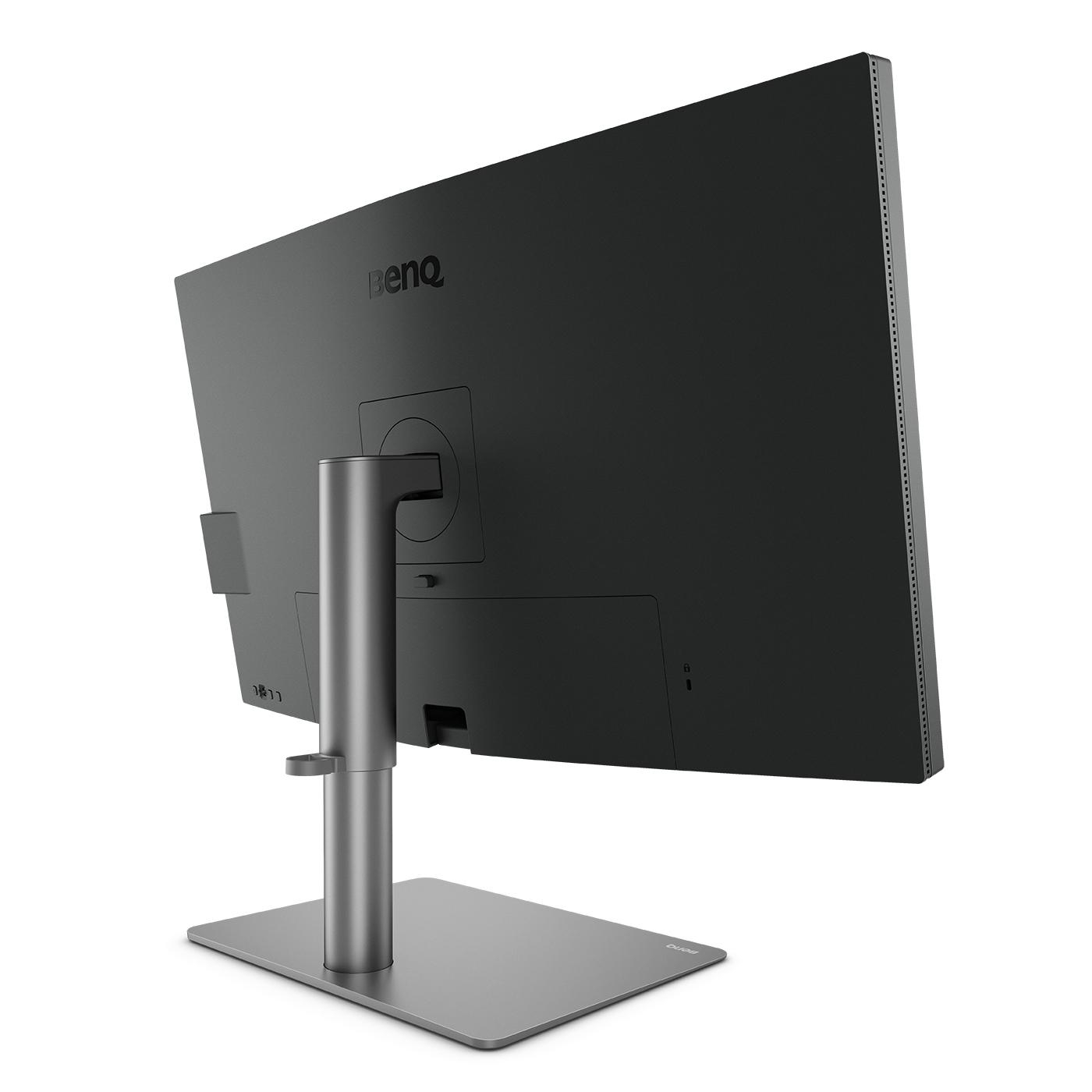 Rückseite eines BenQ-Monitors, mit Ständer, Logo und einigen Anschlüssen.