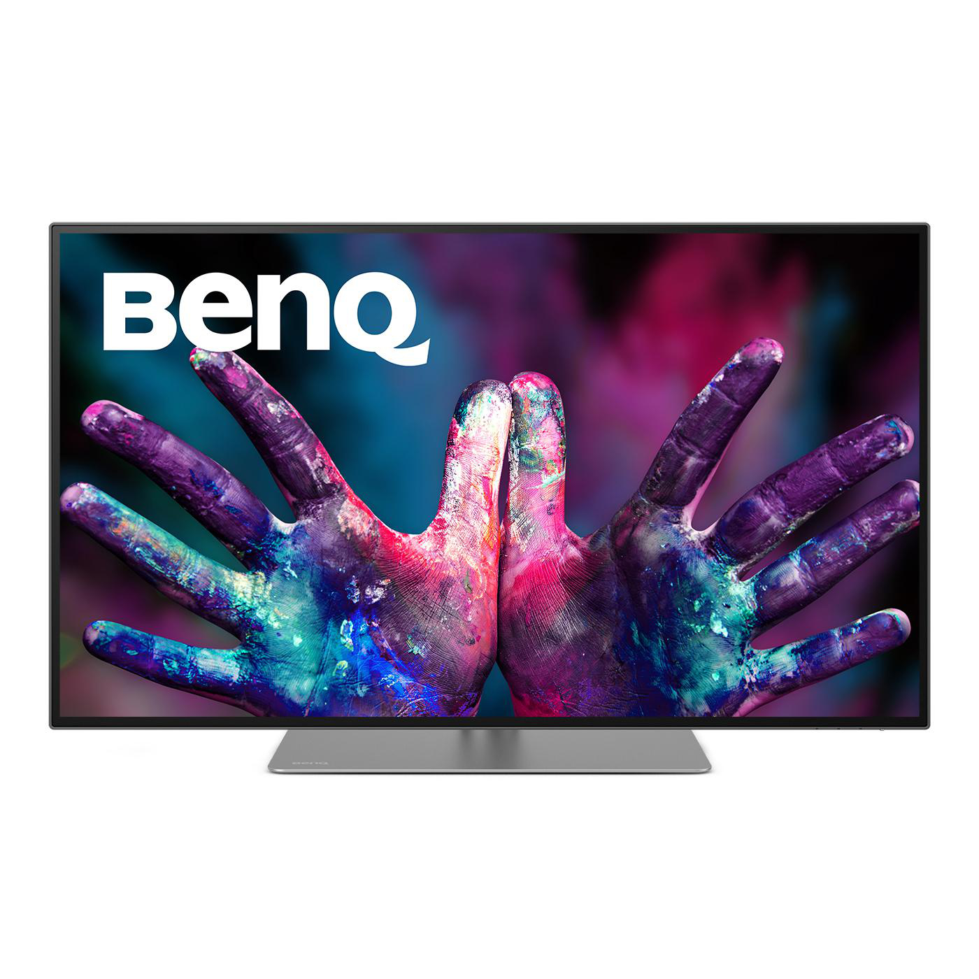 Ein BenQ-Fernseher zeigt Hände, die mit farbenfroher Kunst bemalt sind, vor einem lebendigen, verschwommenen Hintergrund.