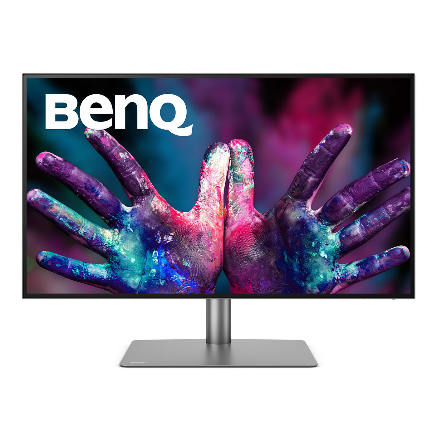 Ein Computermonitor mit schwarzem Rahmen und silbernem Ständer. Hände mit Farbe bedeckt.