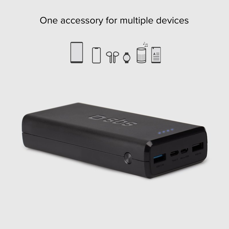 Eine schwarze Powerbank mit verschiedenen Anschlüssen und Geräten.