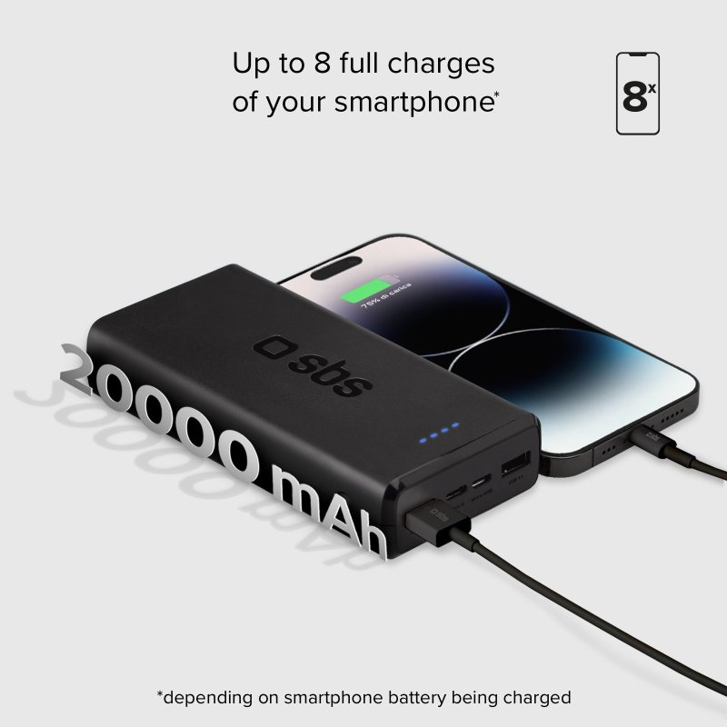Schwarze Powerbank lädt ein Telefon, Ladezustand wird angezeigt.