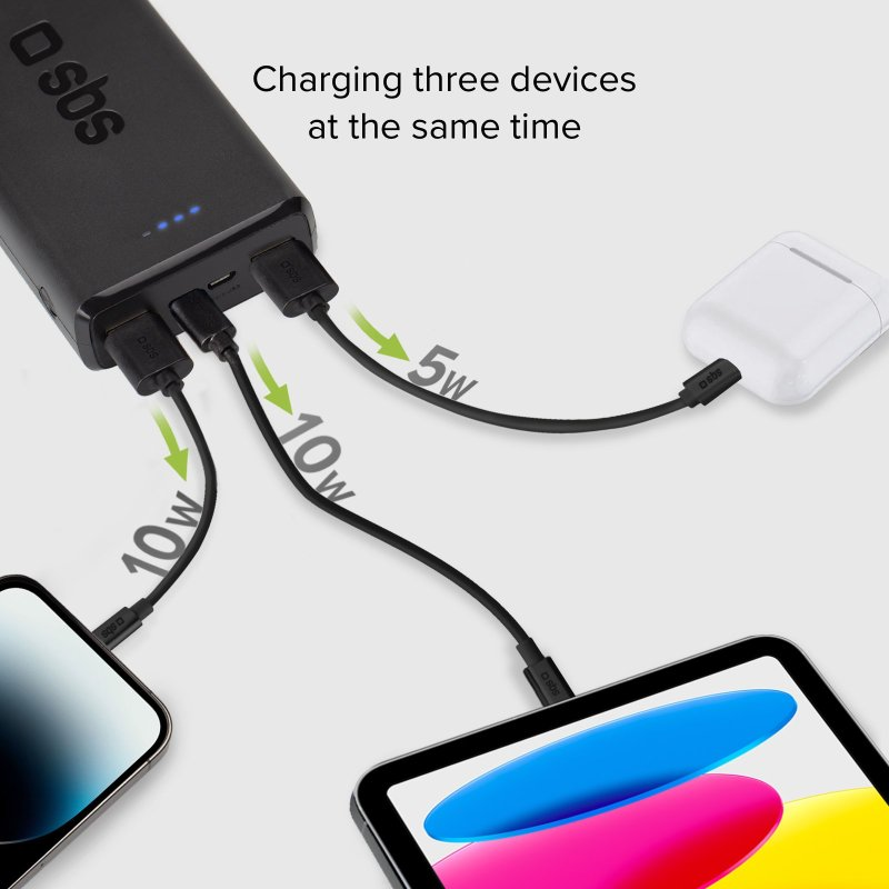 Eine schwarze Powerbank mit drei Ladekabeln. Es lädt ein Telefon, ein Tablet und Ohrhörer. Der Text lautet: sbs.