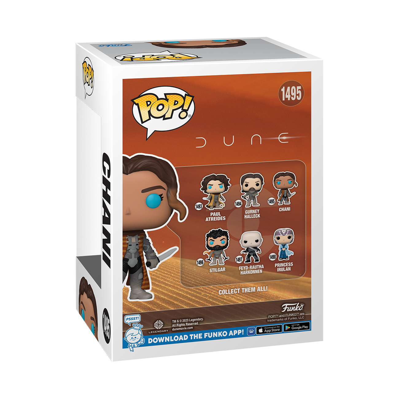 Pudełko Funko Pop z postaciami z Diuny. Chani jest po lewej stronie pudełka.
