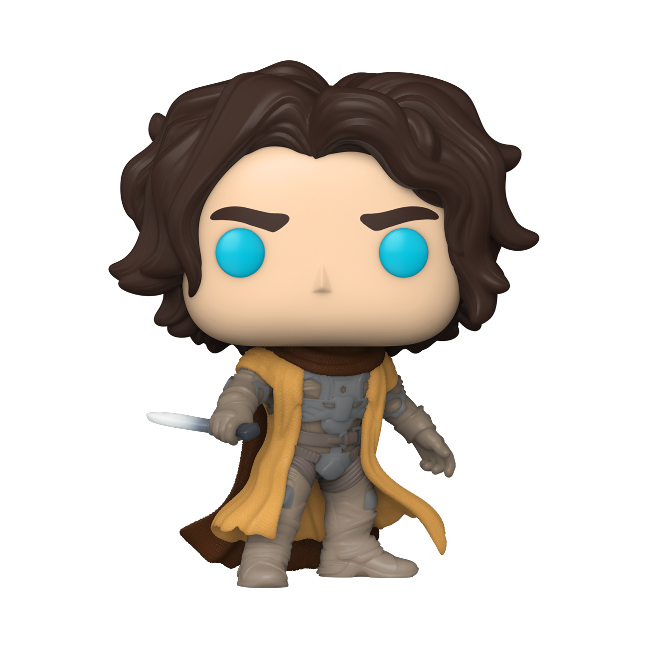 Figurka Funko Pop postaci z brązowymi włosami, niebieskimi oczami i żółtym strojem, trzymającej ostrze.