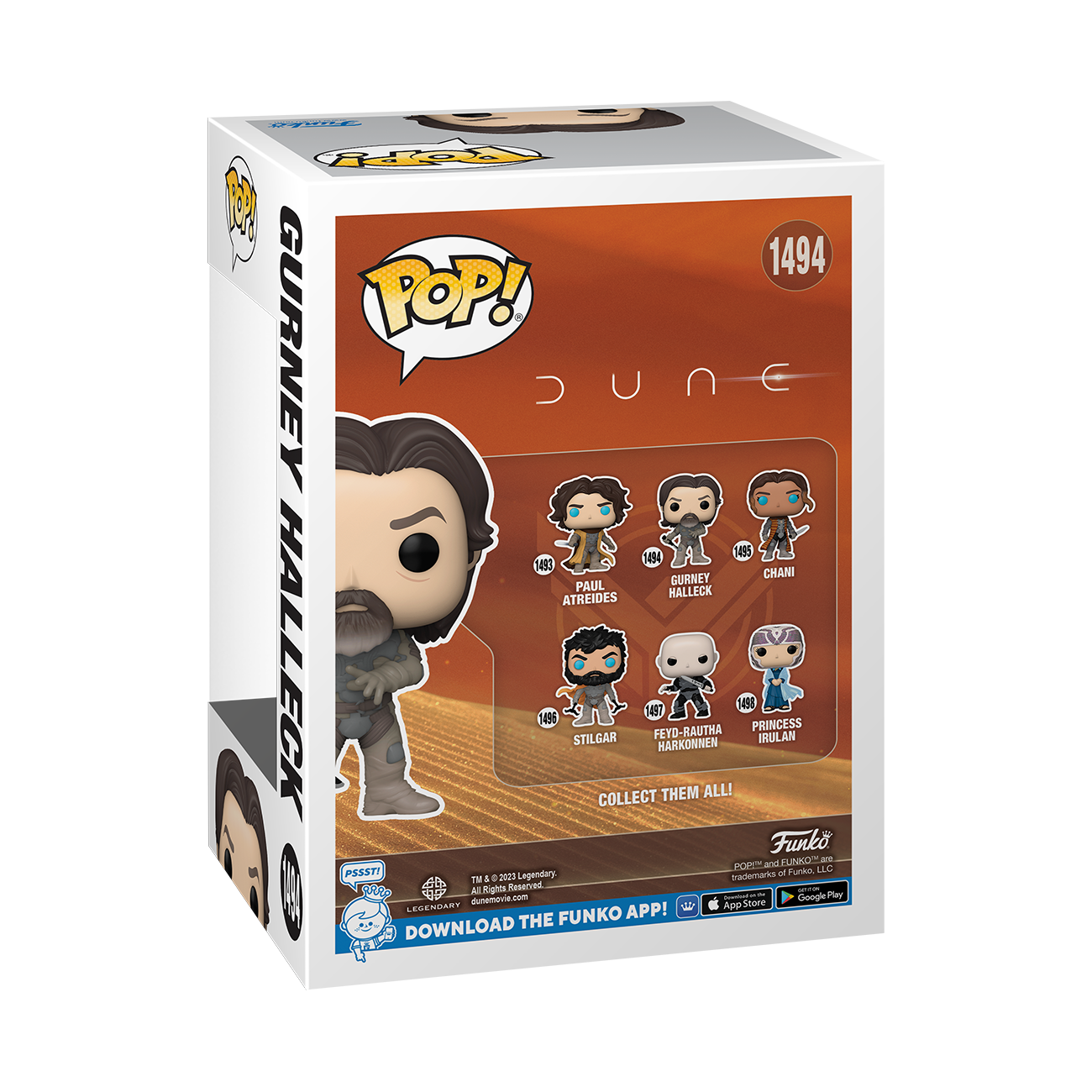 Pudełko Funko Pop z Gurneyem Halleckiem z Diuny, ze zdjęciami postaci i tekstem.
