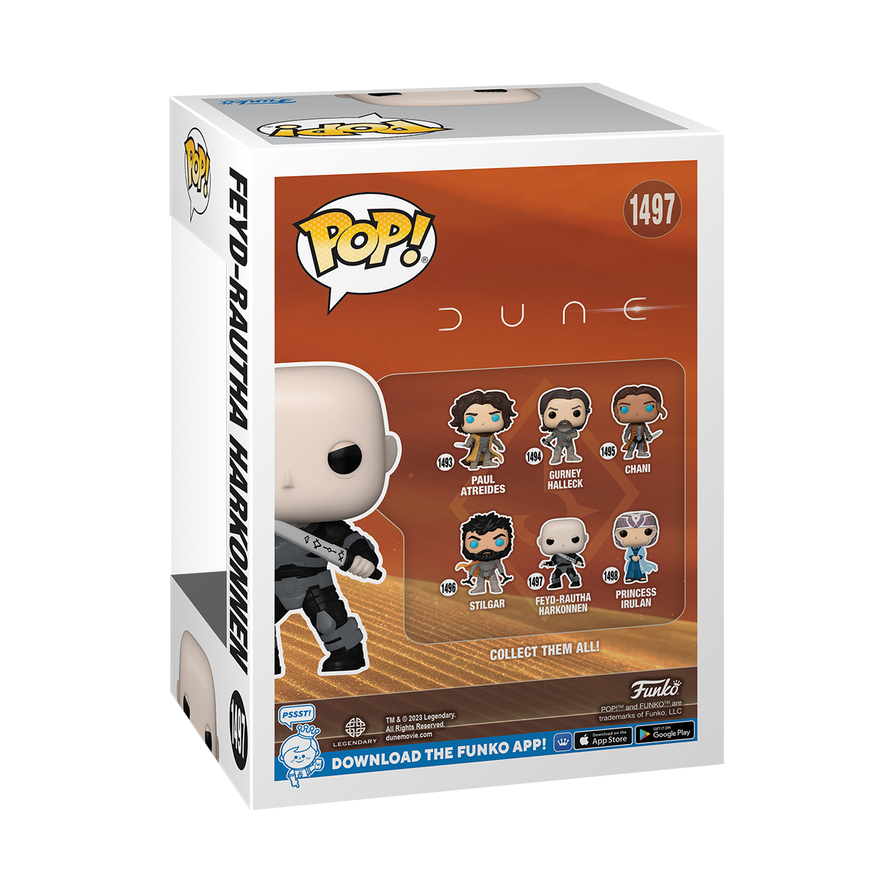 Pudełko Funko Pop z postaciami z Diuny, z figurką Feyda-Rauthy Harkonnena.