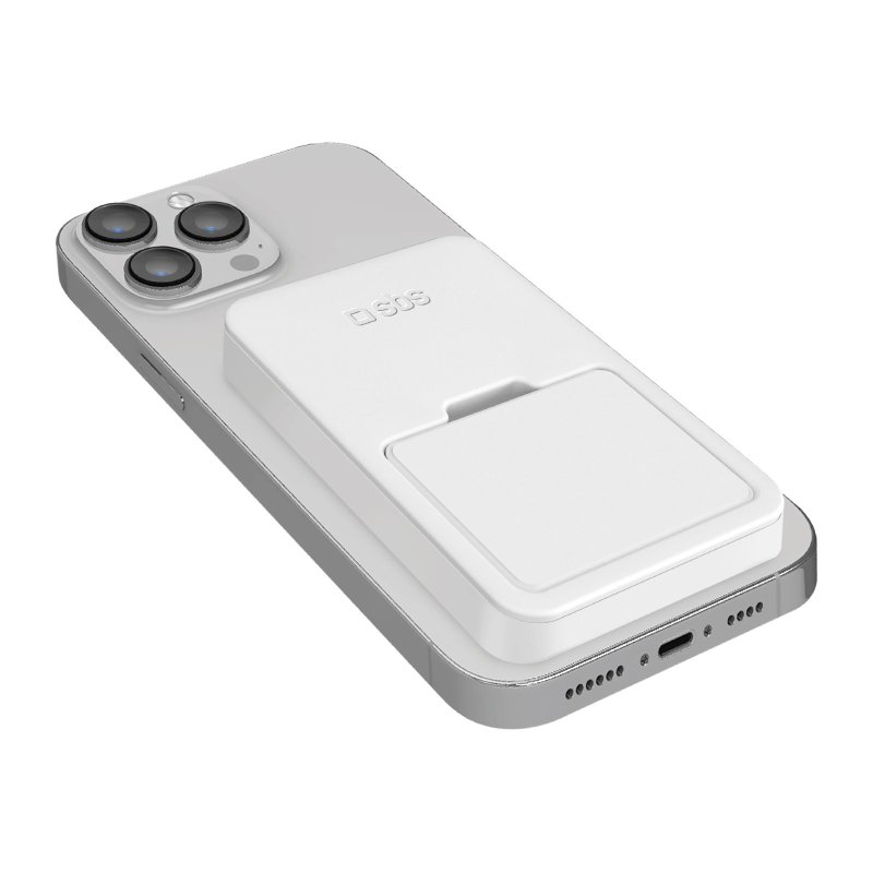 Silbernes iPhone mit einem weißen SOS-Gerät auf der Rückseite befestigt.