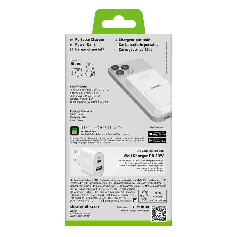Eine weiße und grüne Verpackung für ein tragbares Ladegerät. Texte in mehreren Sprachen, Ladegerätdetails.