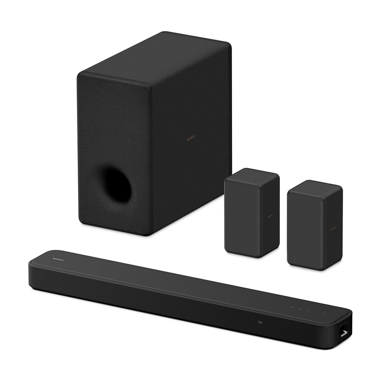 Una soundbar nera, un subwoofer e due piccoli altoparlanti su sfondo bianco.