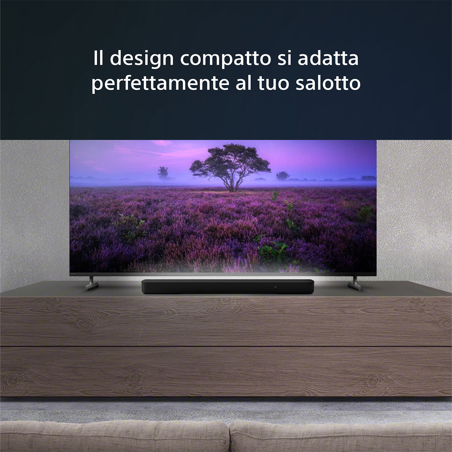 TV su mobile, paesaggio sullo schermo, testo sovrapposto.