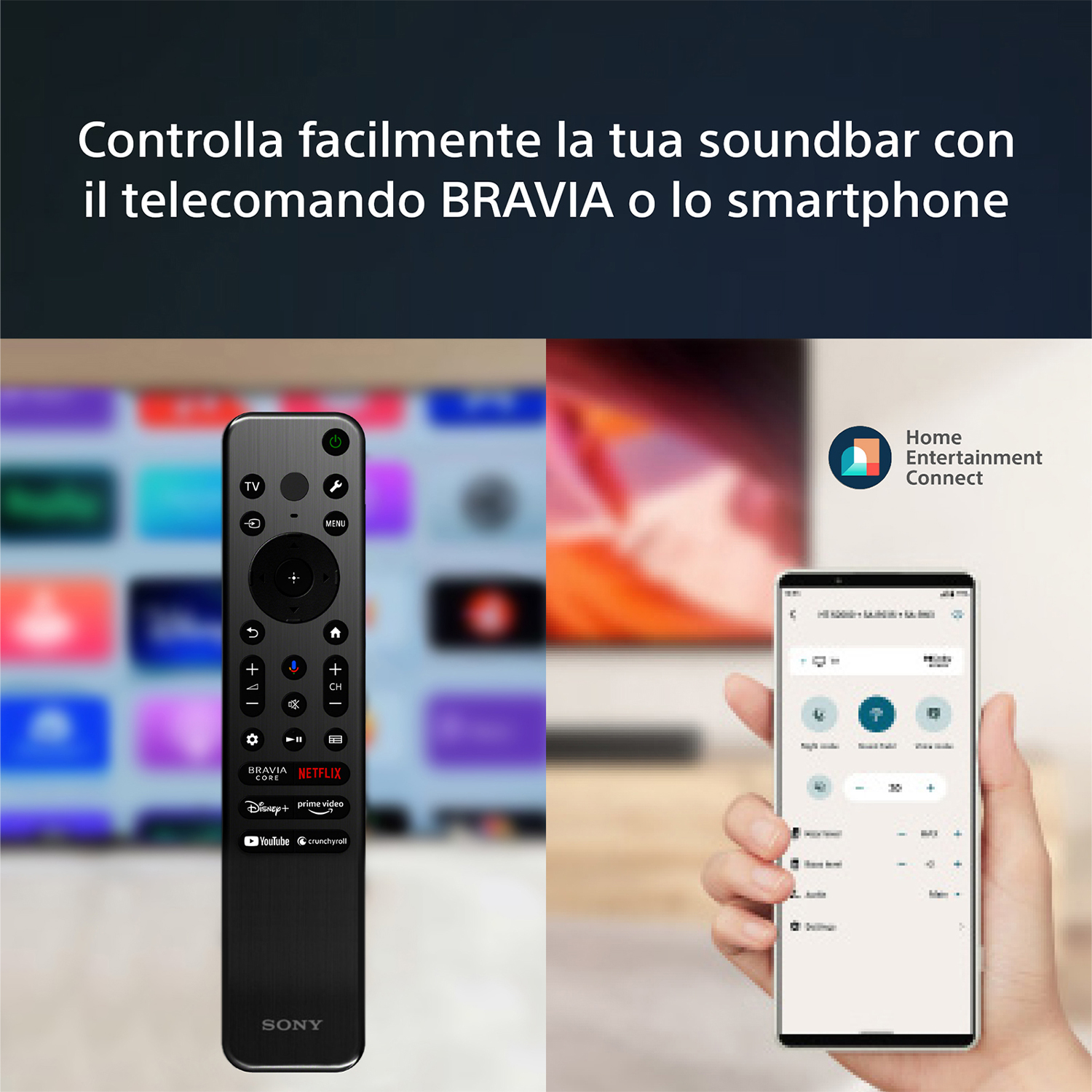 Un telecomando e uno smartphone con un'app di connessione per l'intrattenimento domestico che controlla un televisore.