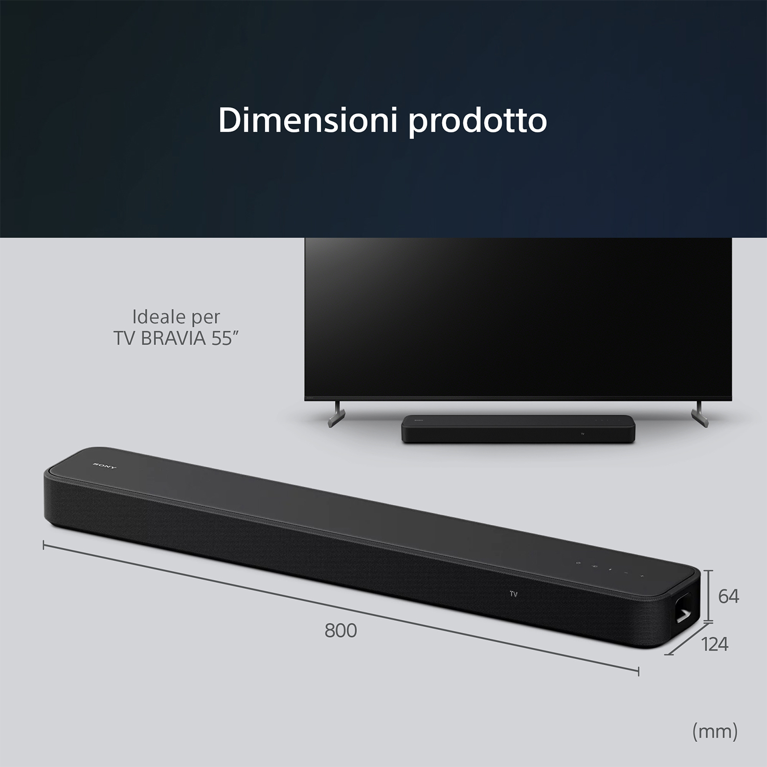 Soundbar Sony nera. Dimensioni mostrate con TV e muro.
