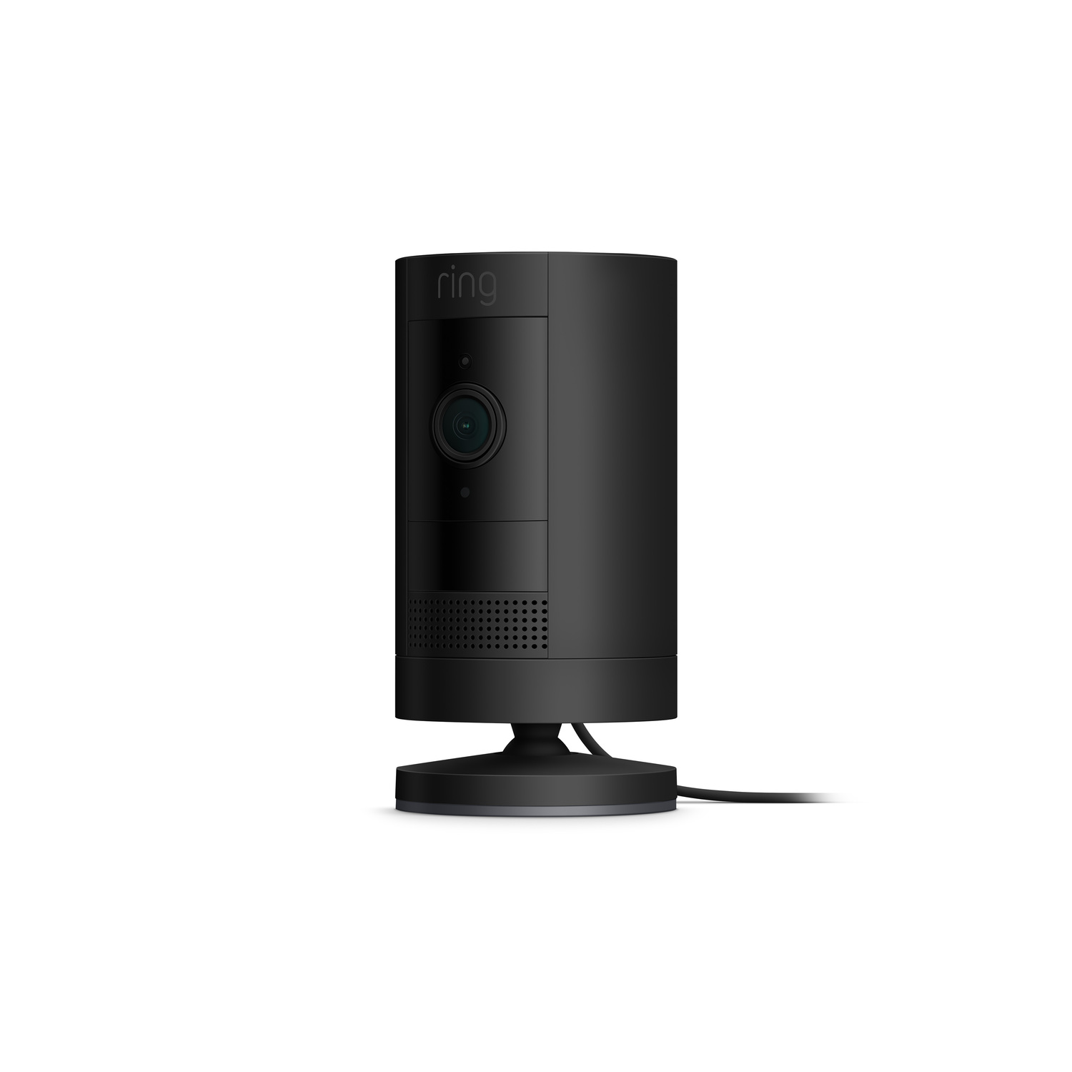 Black Ring security camera with a stand, side view.