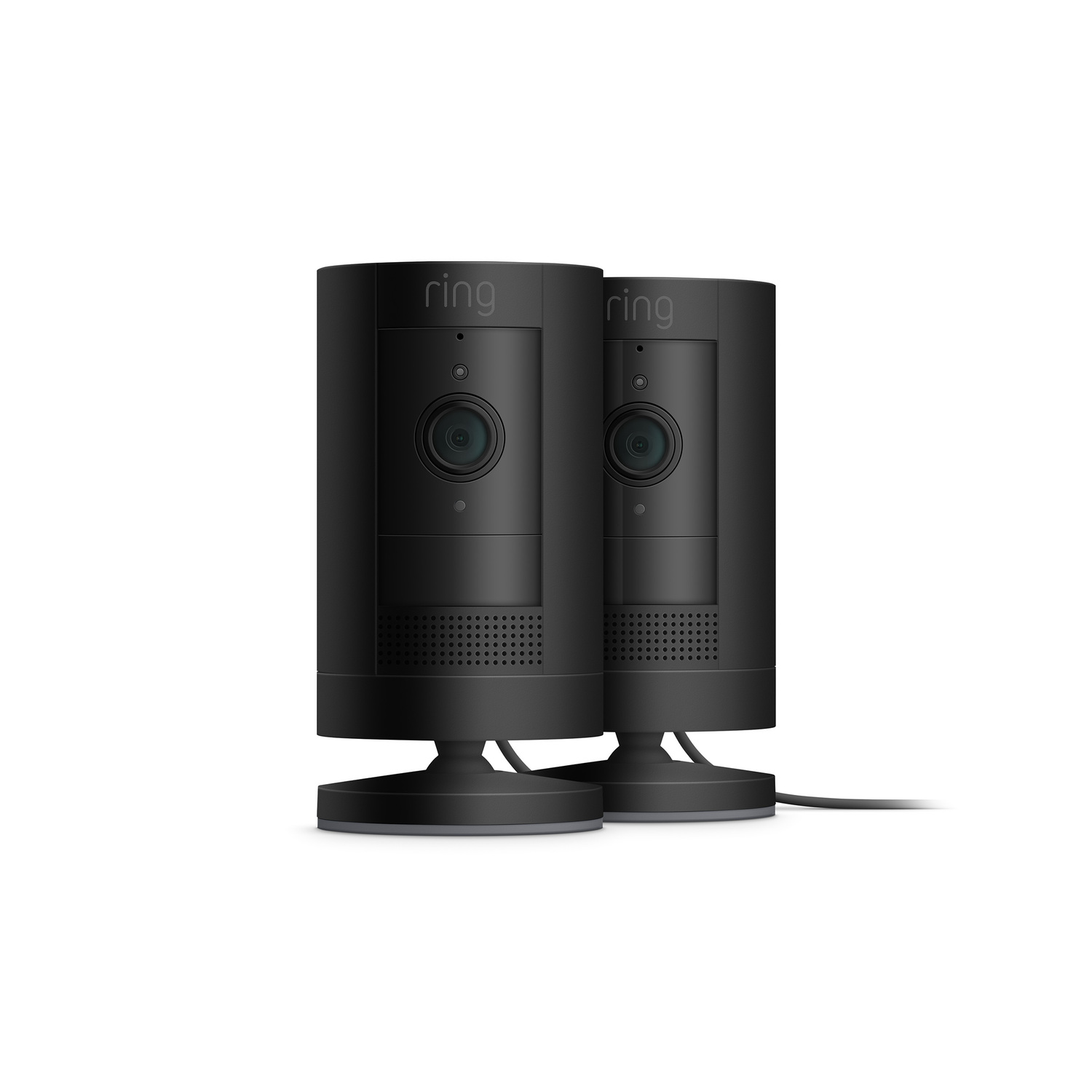 Two black cylindrical security cameras with a Ring logo. They are on stands.