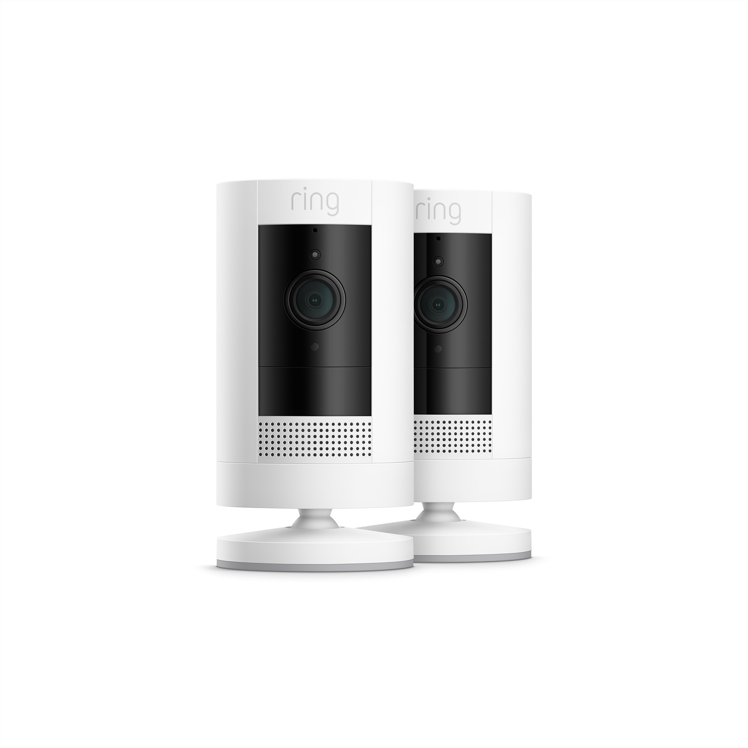 Two white security cameras on white bases.