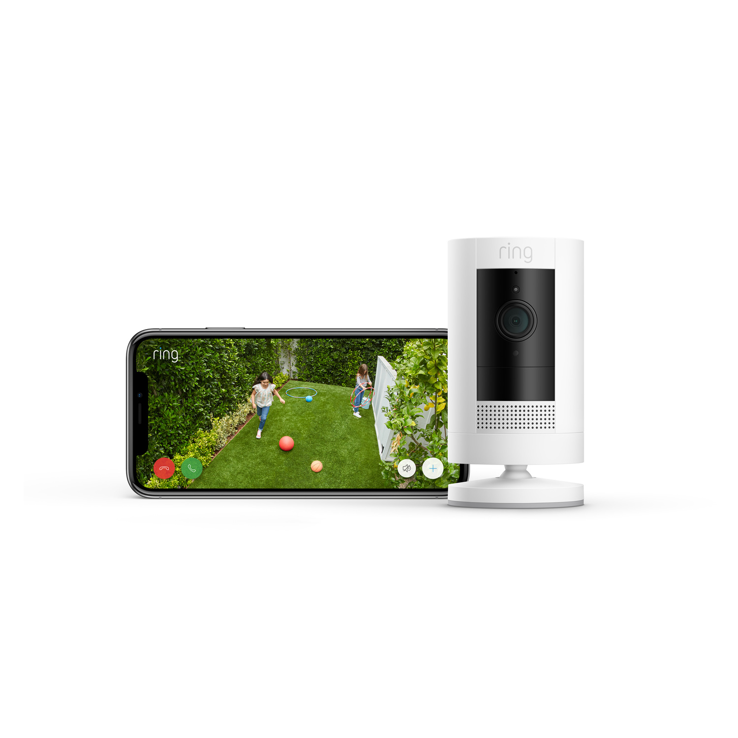 Mobile phone showing a video feed of a yard with kids playing. Security camera nearby.